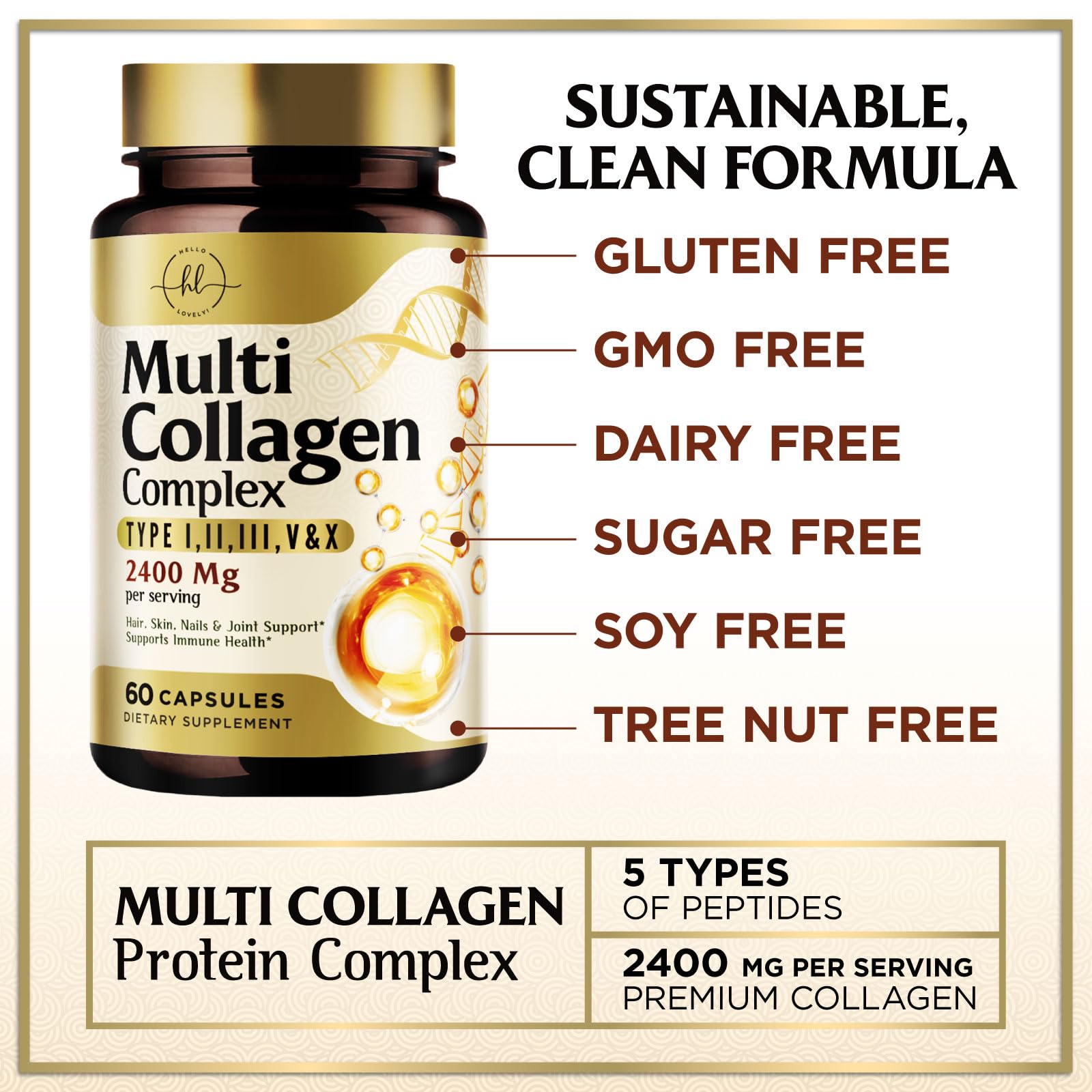 Multi Collagen Peptides for Women & Men - 2400mg per Serving - Best Hydrolyzed Collagen Complex with Type I, II, III, V, X - Hair, Skin, Nails & Joint Support