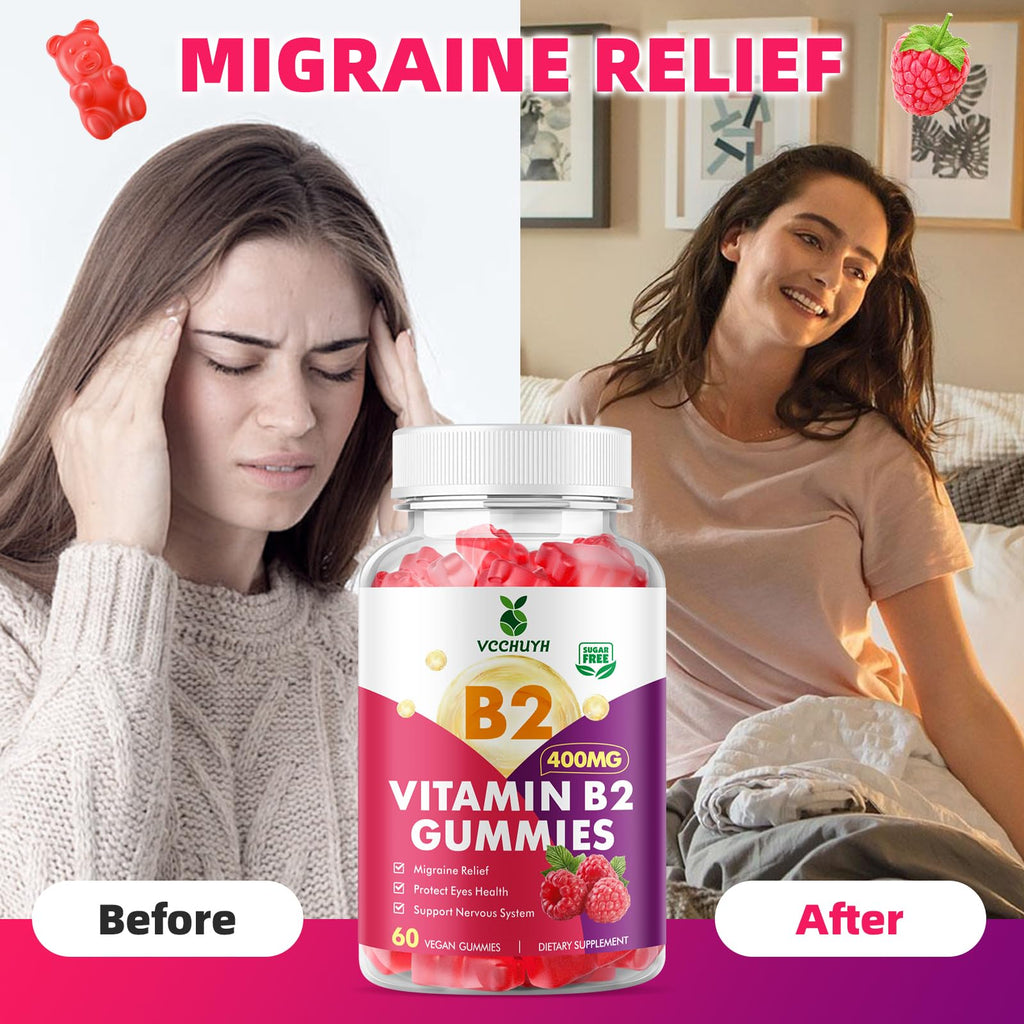 VCCHUYH Vitamin B2 Gummies for Kids & Adults, VIT B2 Riboflavin 400mg Supplement with Magnesium for Migraine Relief & Nervous System Support, Non-GMO