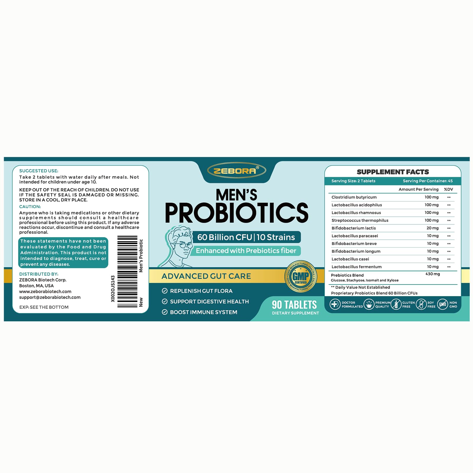ZEBORA Probiotics for Men and Prebiotics for Digestive Health, 90 Tablets, 60 Billion CFUs for Immune and Gut Health, 10 Strains, Hypoallergenic Probiotics,