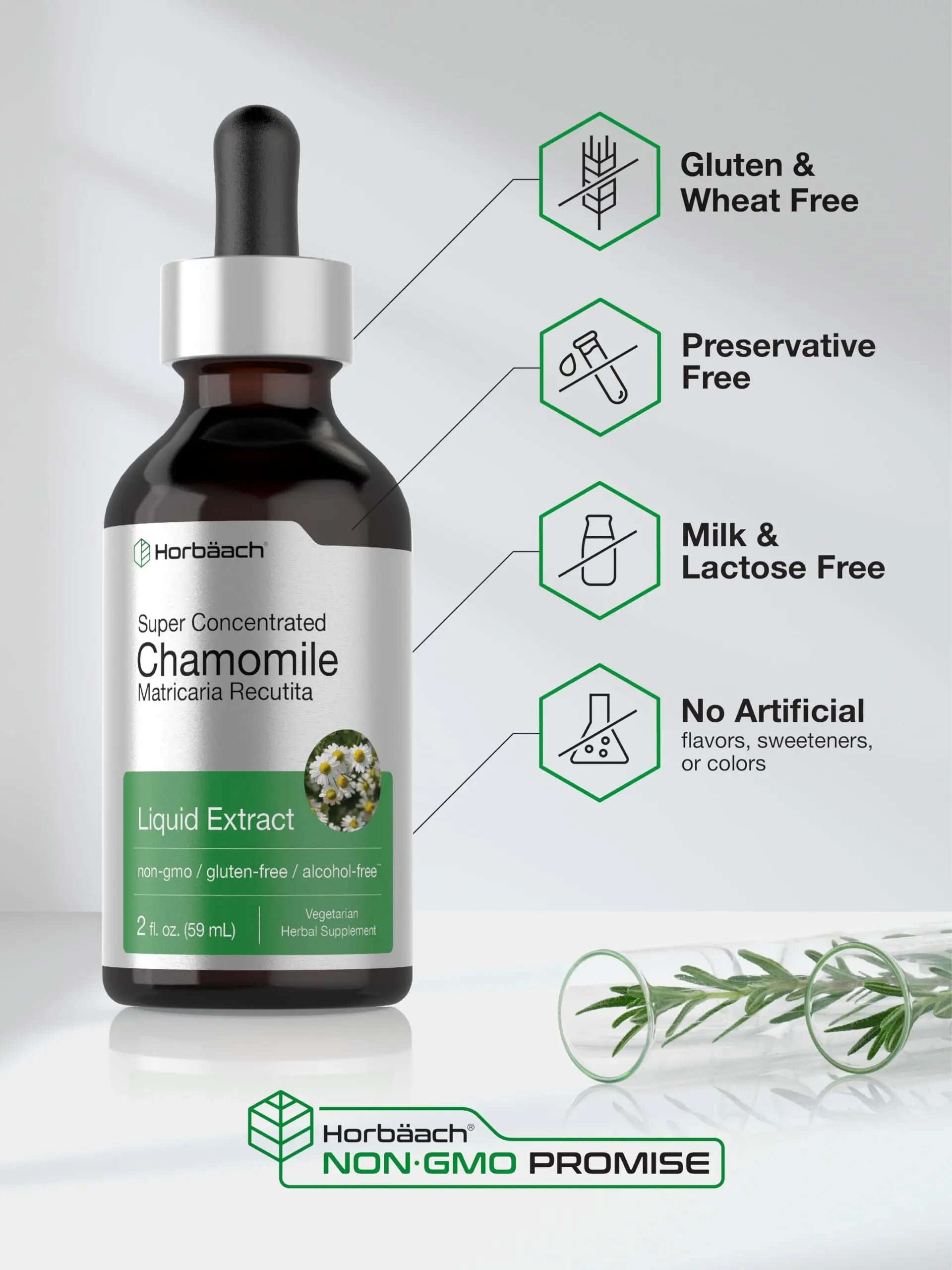 Chamomile Extract Liquid | 2 fl oz | Alcohol Free Supplement | Vegetarian, Non-GMO Horbäach Au supplements
