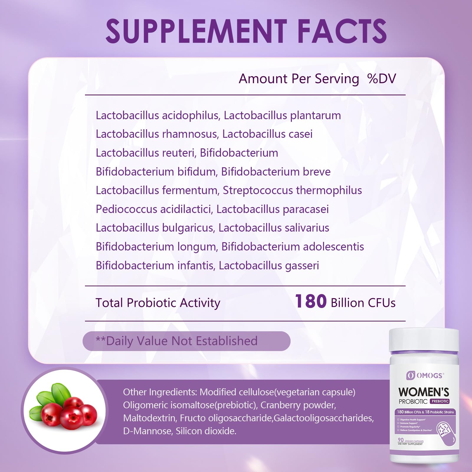 OMOGS Women's Probiotic 180 Billion CFUs 18 Strains, with Organic Prebiotics, Cranberry Extract, D-Mannose & Digestive Enzymes, for Digestive, Boost Immune,