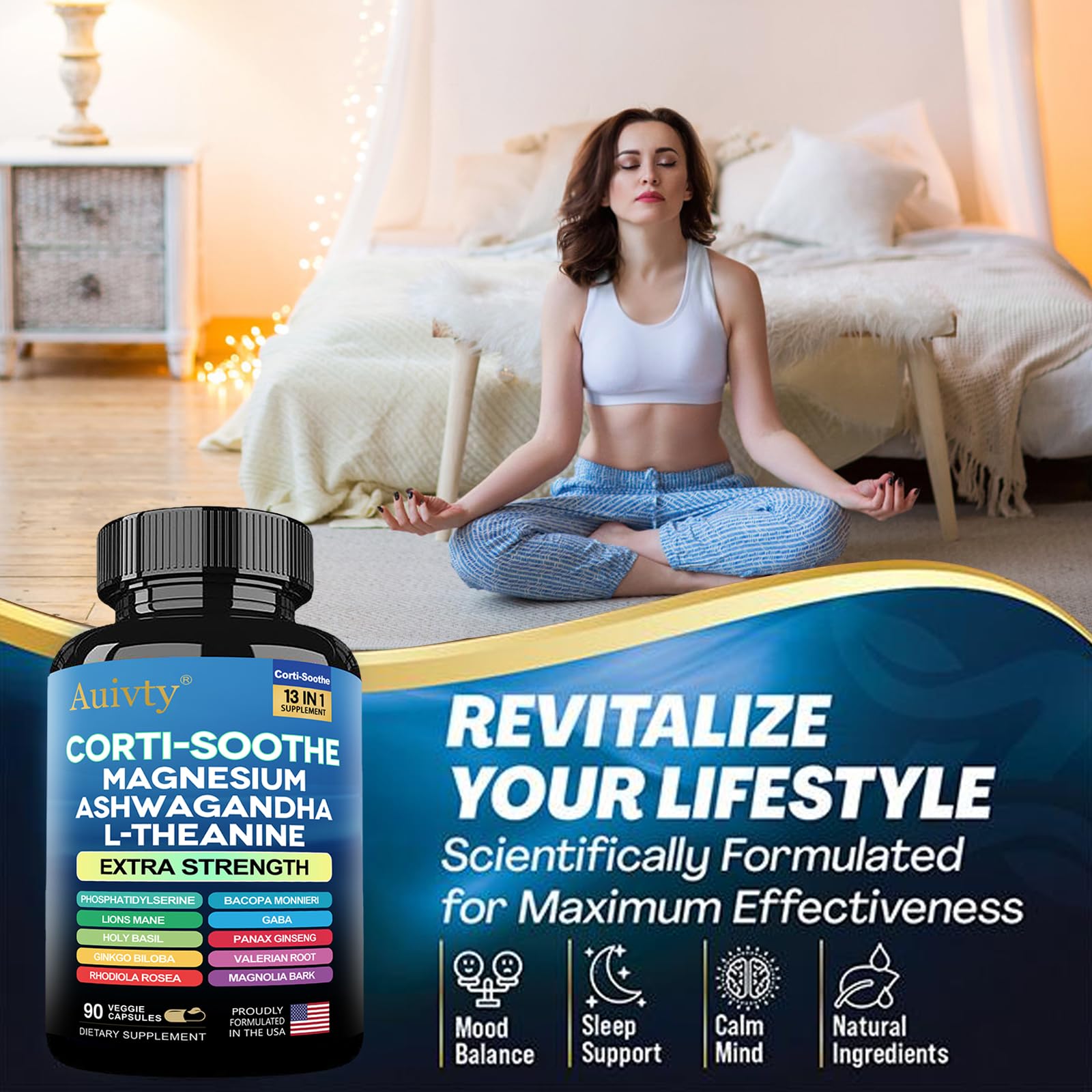 Auivty Cortisol Manager & Adrenal Support - Cortisol Reducer for Stress Relief, Calm & Sleep - 13-in-1 Adaptogen with Ashwagandha & Magnesium - 180 Capsules (2-Pack) Auivty Au supplements