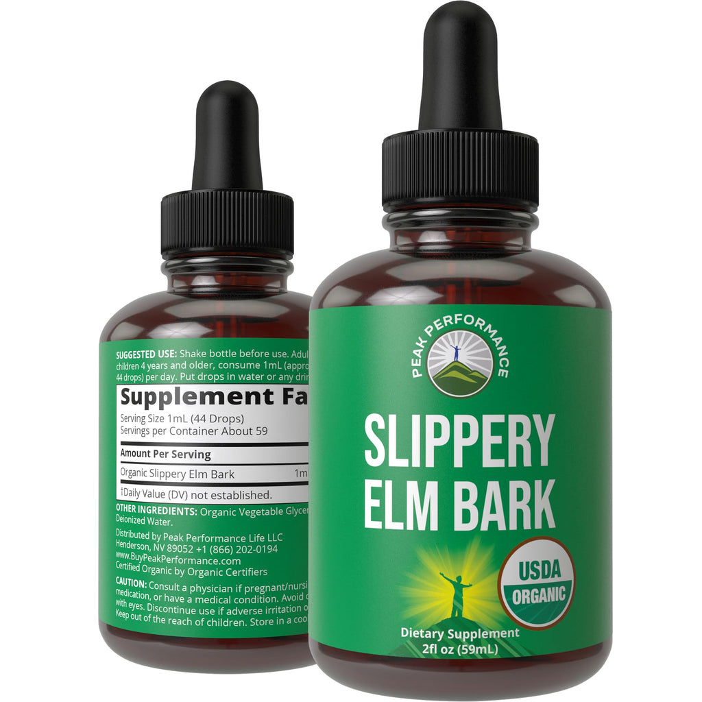 Slippery Elm Bark USDA Organic Vegan Liquid Drops. Extract with High Bioavailability for Women, Men, Kids. for Sore Throat, Irritated Stomach. Zero Sugar, Gluten Free, Tincture Supplement No Capsules Peak Performance Au supplements
