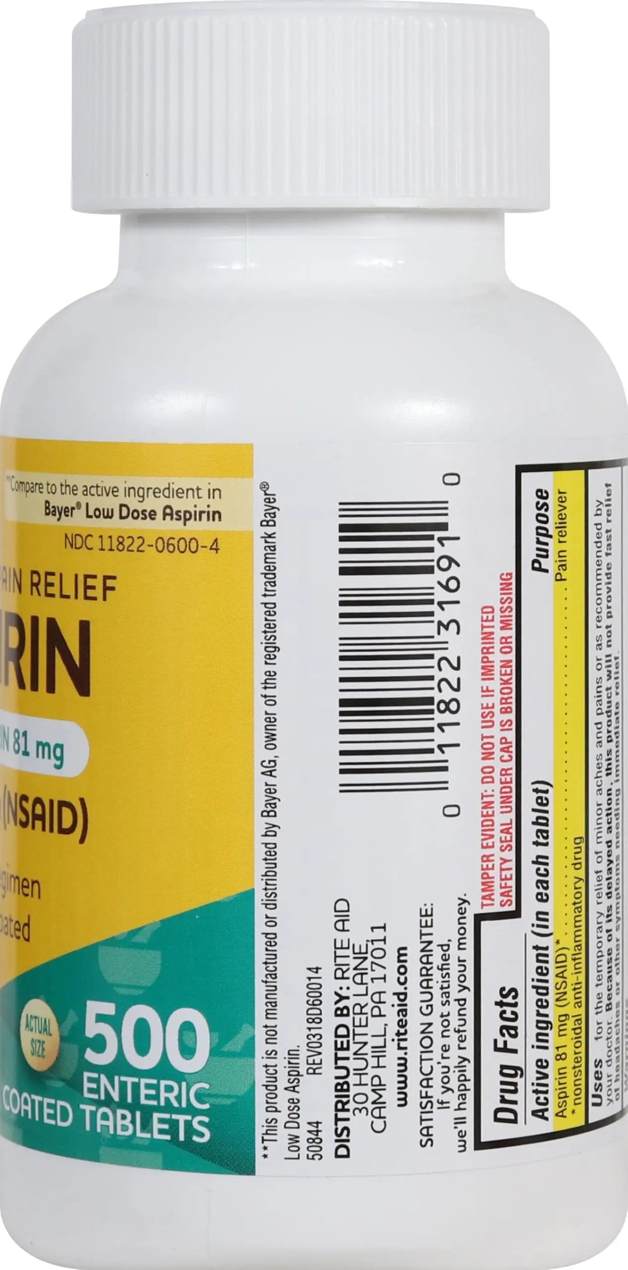 Rite Aid Aspirin Enteric Tablets - 81 mg Aspirin - 500 Count - Low-Dose for Headache Relief - Safety Coated - Aspirin Regimen - Migraine Medicine - Pain Relief Rite Aid Au supplements