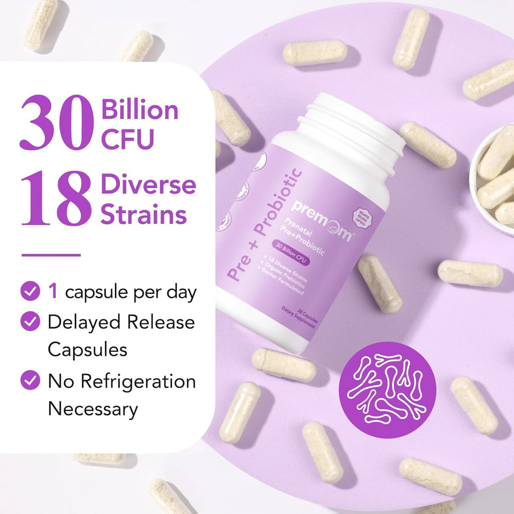 Premom Prenatal Prebiotics & Probiotics for Women, 30 Billion CFU, 18 Strains, Organic Prebiotic & Womens Probiotic, Vaginal, Gut, & Digestive Health + Immune Support Supplement