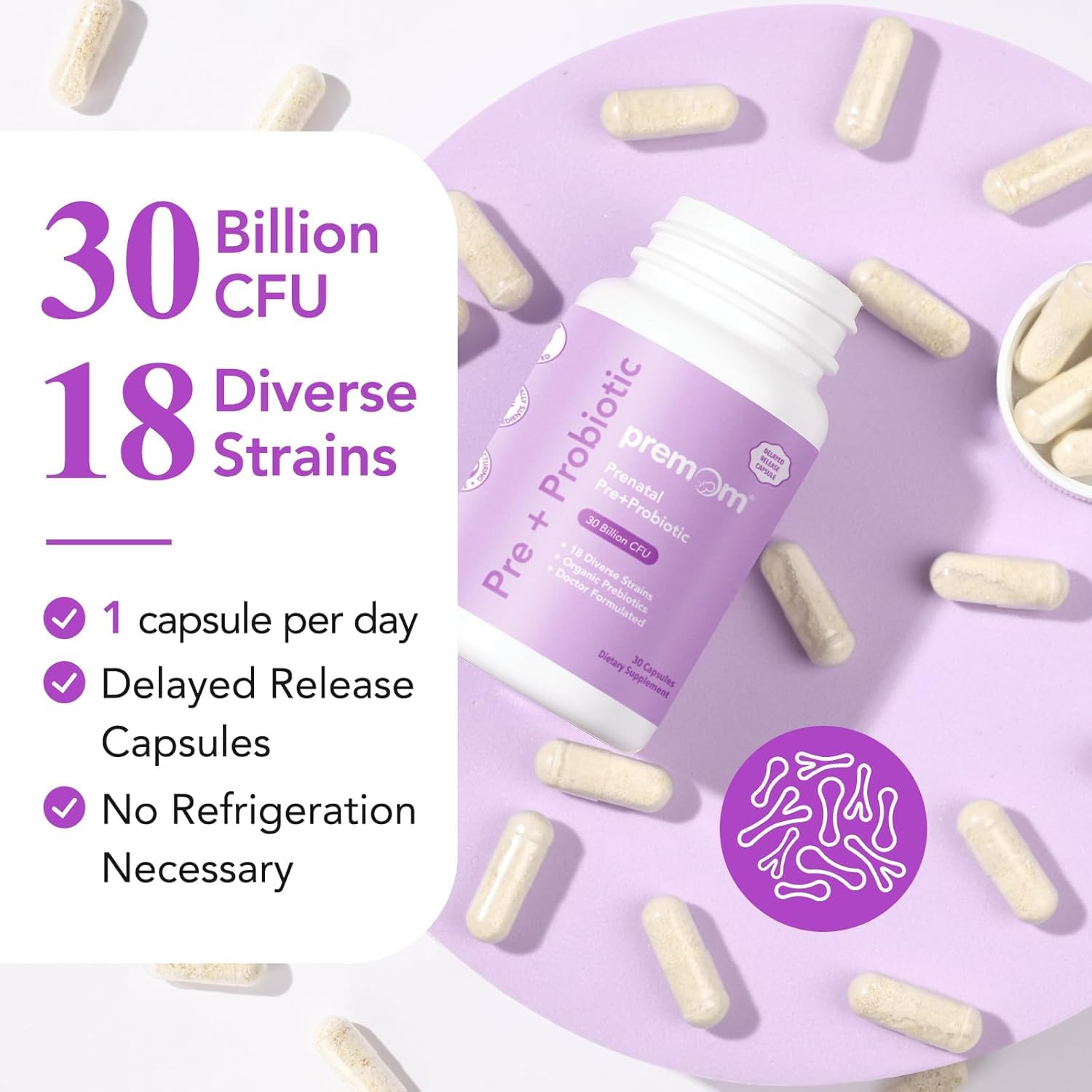 Premom Prenatal Prebiotics & Probiotics for Women, 30 Billion CFU, 18 Strains, Organic Prebiotic & Womens Probiotic, Vaginal, Gut, & Digestive Health + Immune Support Supplement