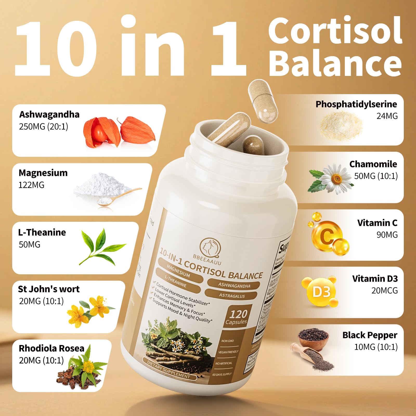 BBEEAAUU Cortisol Supplements for Women & Men - 10-in-1 Cortisol Reducer Manager Detox with Ashwagandha, Magnesium - Lower High Cortisol Levels, Relaxation & Night Support, Non-GMO, 120 Capsules BBEEAAUU Au supplements