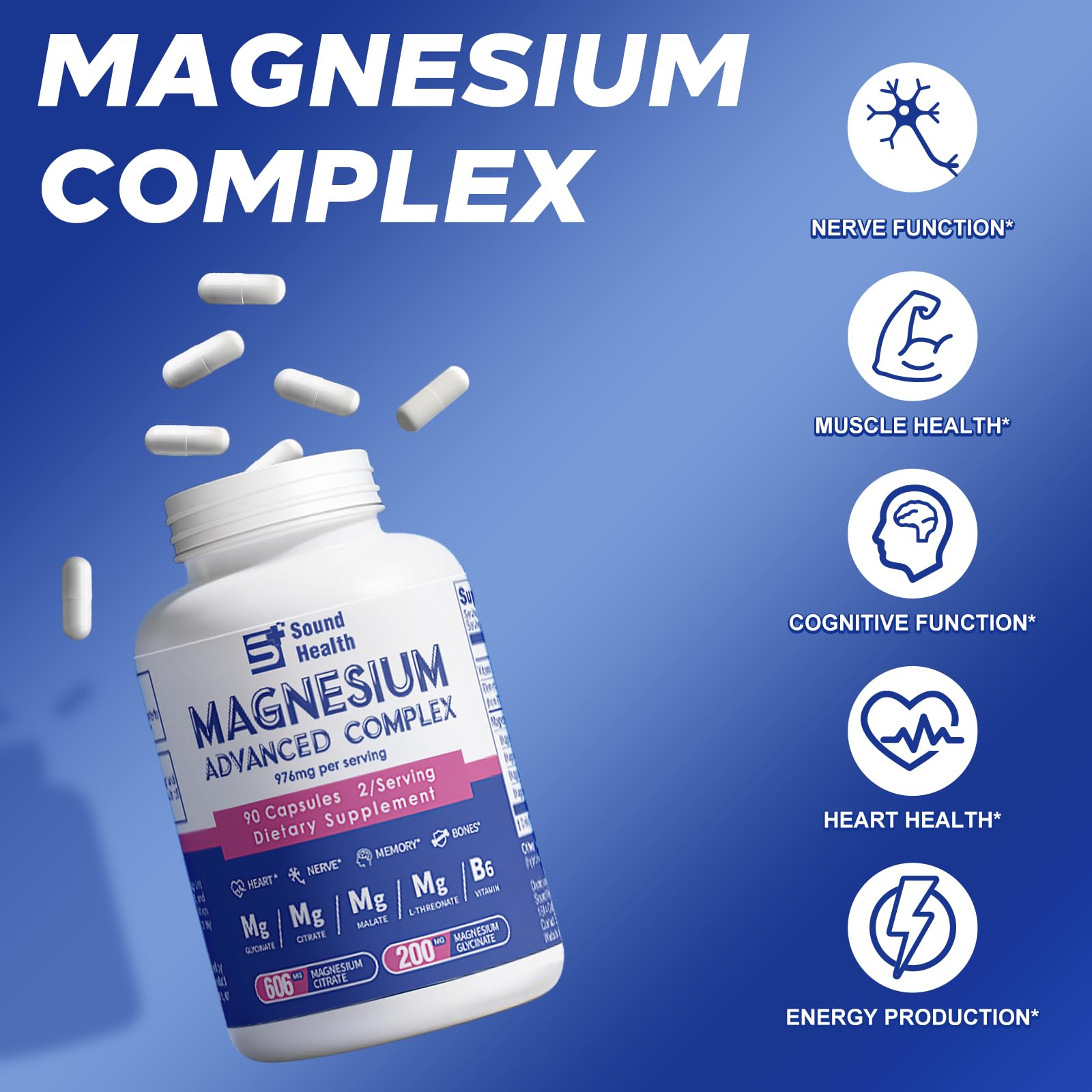Magnesium Complex Capsule 5 in 1 Magnesium Supplement from Magnesium Glycinate, Citrate, Malate, L-Threonate & Vitamin B6, High Absorption Magnesium Supplement, Non-GMO, Vegan Sound Health Plus Au supplements