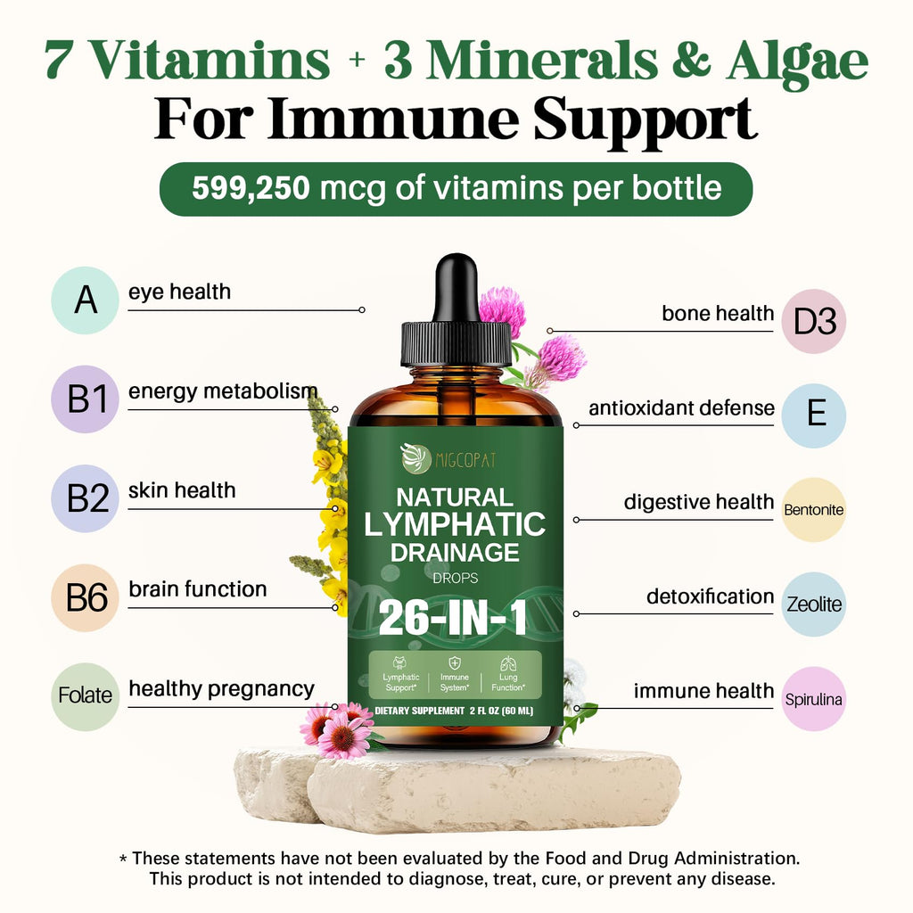 Migcopat 26-in-1 Liposomal Lymphatic Drainage Drops, Echinacea, Turmeric, Elderberry, Dandelion, Vitamins and Mullein Drops for Lungs, Lymphatic