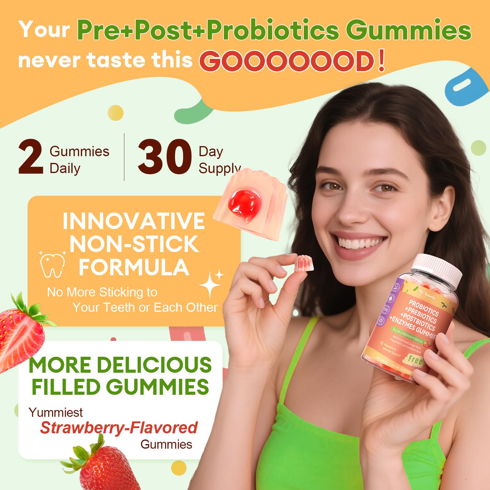 Totaria Sugar Free 5-in-1 Probiotic Prebiotic Postbiotic Gummy, 36 Strains Probiotics for Women Men with Digestive Enzymes, Peppermint, Complete Immune,