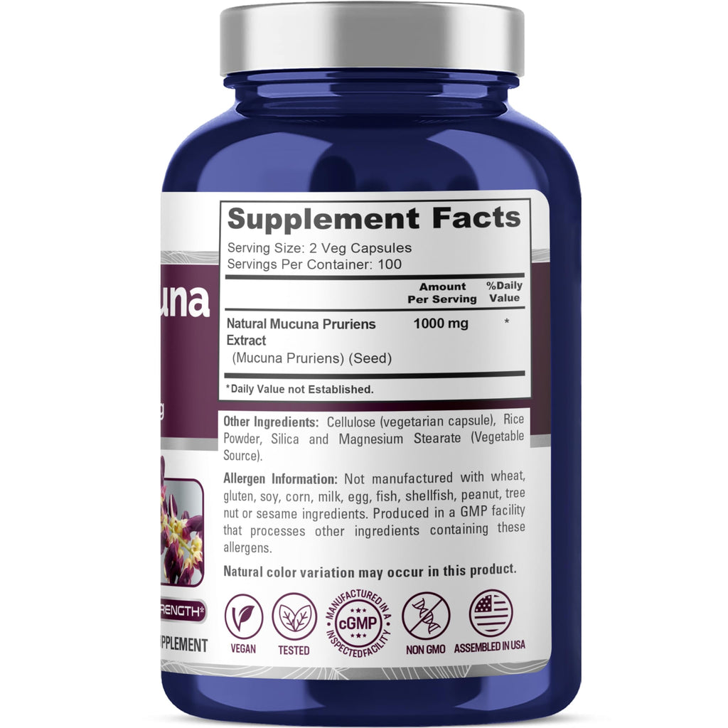 NusaPure Mucuna Pruriens 1000mg 200 Veggie Caps (Non-GMO, 100% Vegetarian, Vegan) NusaPure Au supplements