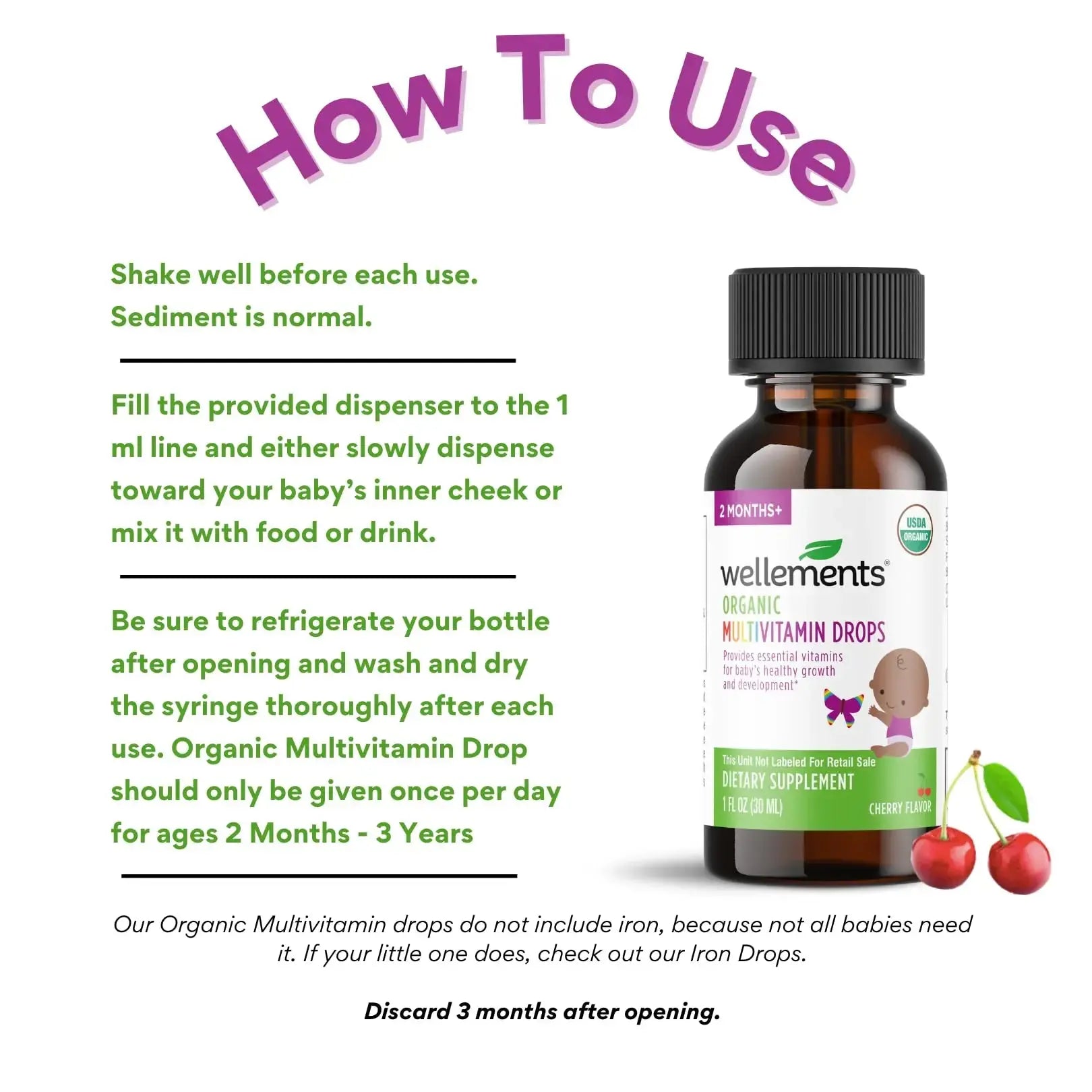 Wellements Organic Baby Multivitamin Drops (1 Fl Oz) - Cherry Flavor Liquid Multivitamins for Infants & Toddlers (2 Months+) Wellements Au supplements