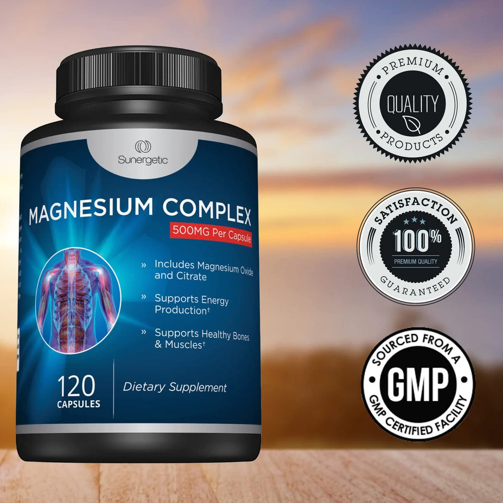 Premium Magnesium Citrate Capsules – Powerful 500mg Magnesium Oxide & Citrate Supplement – Helps Support Healthy Bones, Muscles, Teeth, Energy & Relaxation – 120 Vegetable Capsules Sunergetic Au supplements