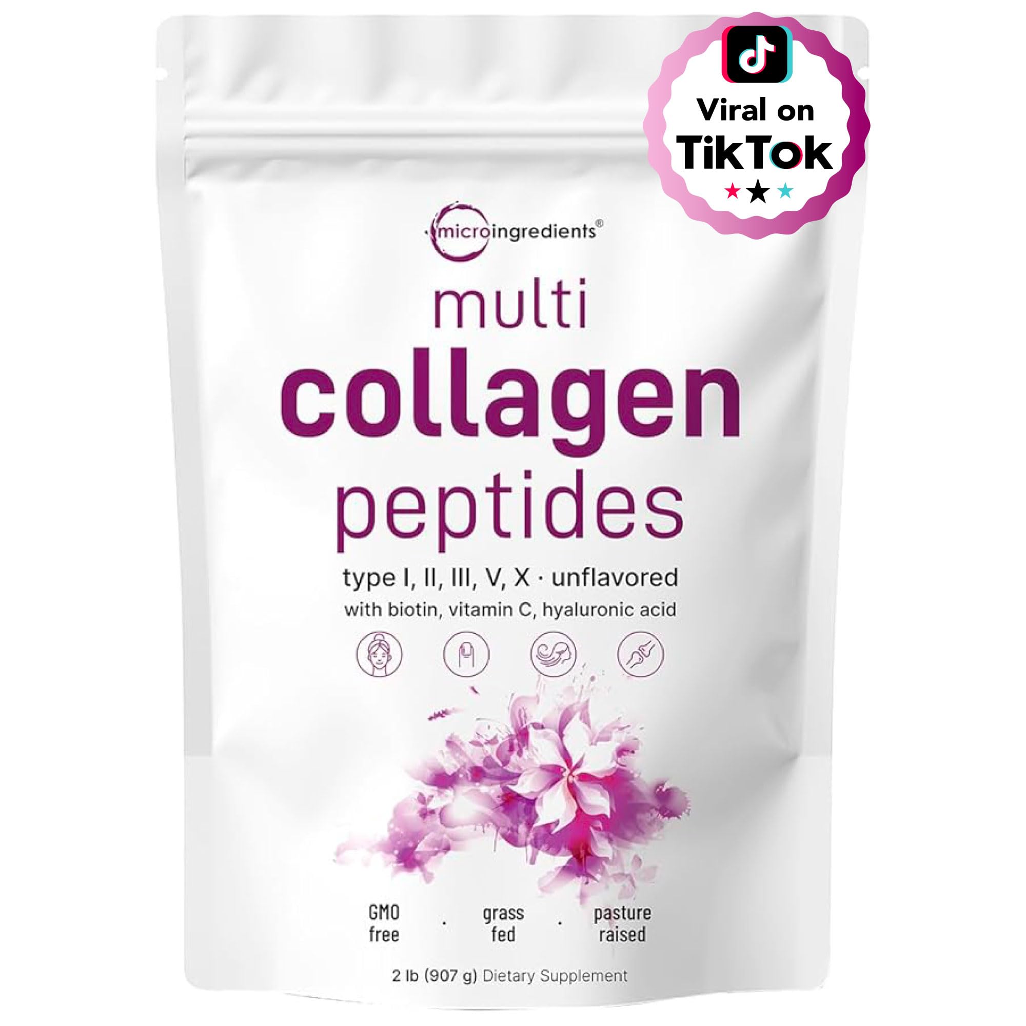 Micro Ingredients Multi Collagen Peptides Powder, 2lb – Hydrolyzed Type I,II,III,V,X with Biotin, Hyaluronic Acid, Vitamin C – Unflavored Collagen for Women & Men