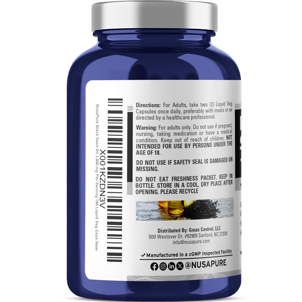NusaPure Black Seed Oil 1,000 mg per Serving 180 Softgel Capsules (Non-GMO, Vegetarian & Vegan) Cold-Pressed Virgin Nigella Sativa. Hexane Free NusaPure Au supplements