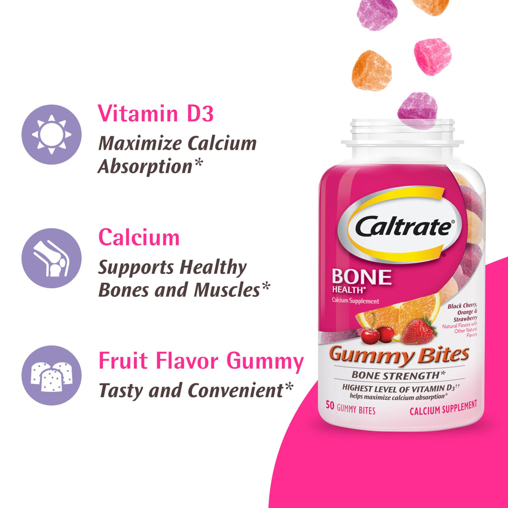 Caltrate Gummy Bites 500 mg Calcium and Vitamin D Supplement, Black Cherry, Strawberry, Orange - 100 Count