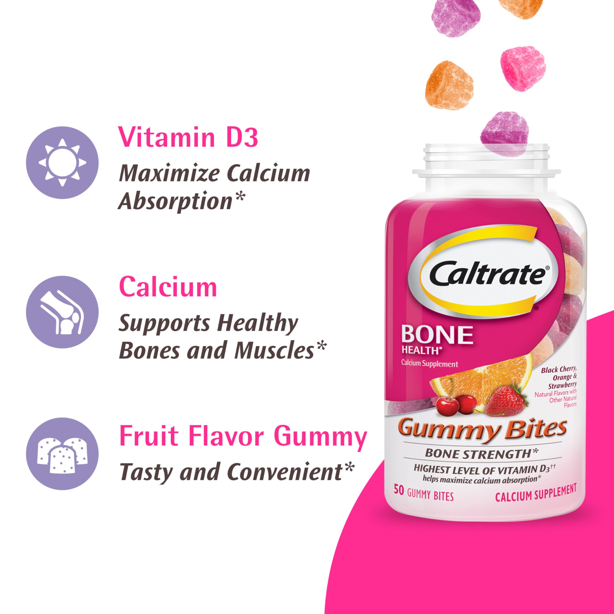 Caltrate Gummy Bites 500 mg Calcium and Vitamin D Supplement, Black Cherry, Strawberry, Orange - 100 Count