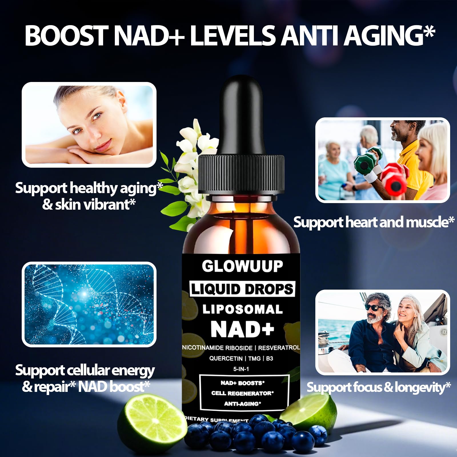 NAD Supplements for Women & Men, Liposomal NAD Nicotinamide Riboside Resveratrol 900mg w. B3 Vitamin Quercetin TMG, Liquid Resveratrol NAD Plus Supplement for Anti-Aging Energy Focus Longevity GLOWUUP Au supplements