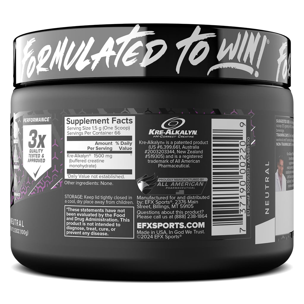 EFX Sports Kre-Alkalyn EFX Powder | pH Correct Creatine Monohydrate Powder Supplement | Strength, Muscle Growth & Performance | 66 Servings (Unflavored) EFX Sports Au supplements