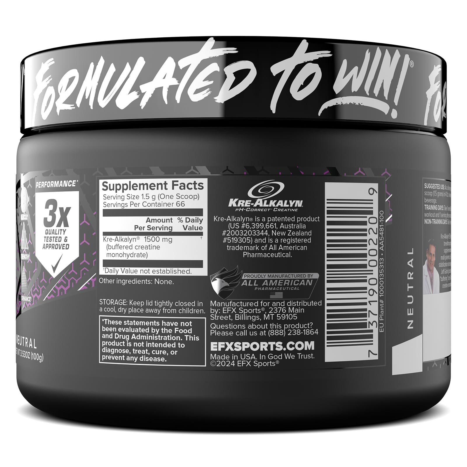 EFX Sports Kre-Alkalyn EFX Powder | pH Correct Creatine Monohydrate Powder Supplement | Strength, Muscle Growth & Performance | 66 Servings (Unflavored) EFX Sports Au supplements