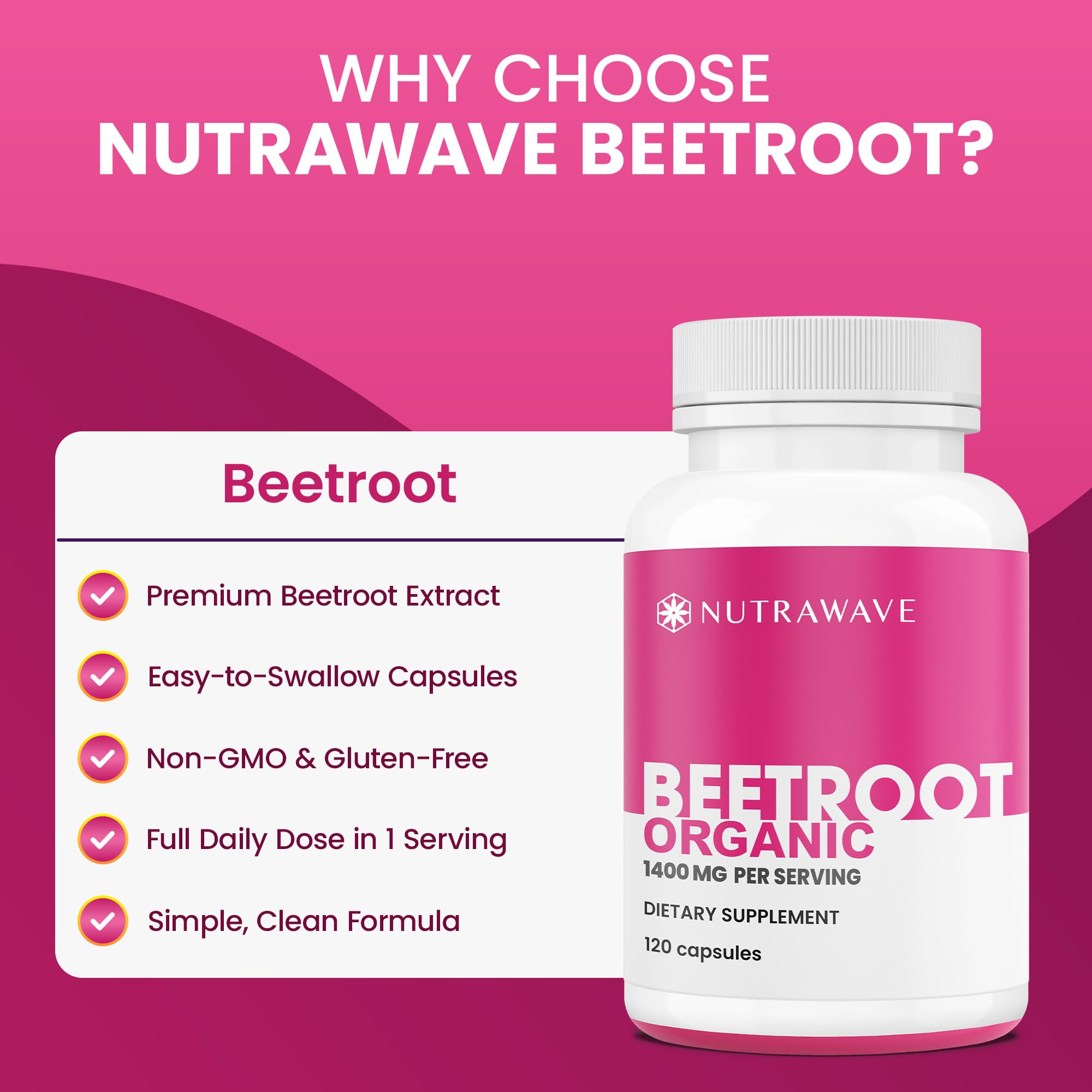 Nutra Wave 1400mg Organic Beet Root Capsules Per Serving – Nitric Oxide Booster for Men – Supports Blood Pressure, Energy, Circulation & Heart Health – Non-GMO, Vegan – 120 Capsules / 60 Day Supply