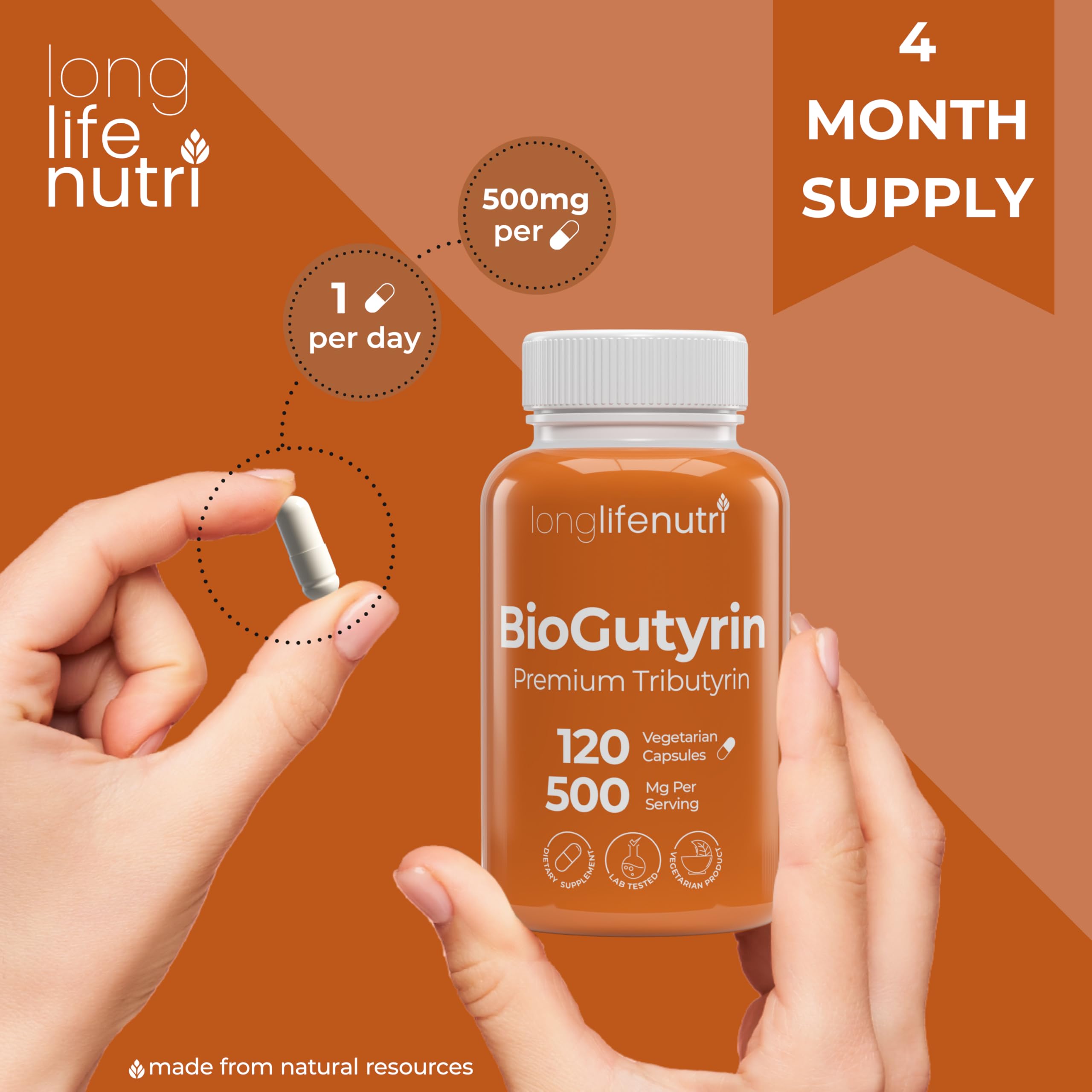 BioGutyrin – Tributyrin 500mg, Postbiotic Supplement for Gut Function & Nutrient Absorption, 120 Vegetarian Capsules, Butyric Acid for Butyrate Production, 4-Month Supply, GMP Certified, Made in USA LongLifeNutri Au supplements