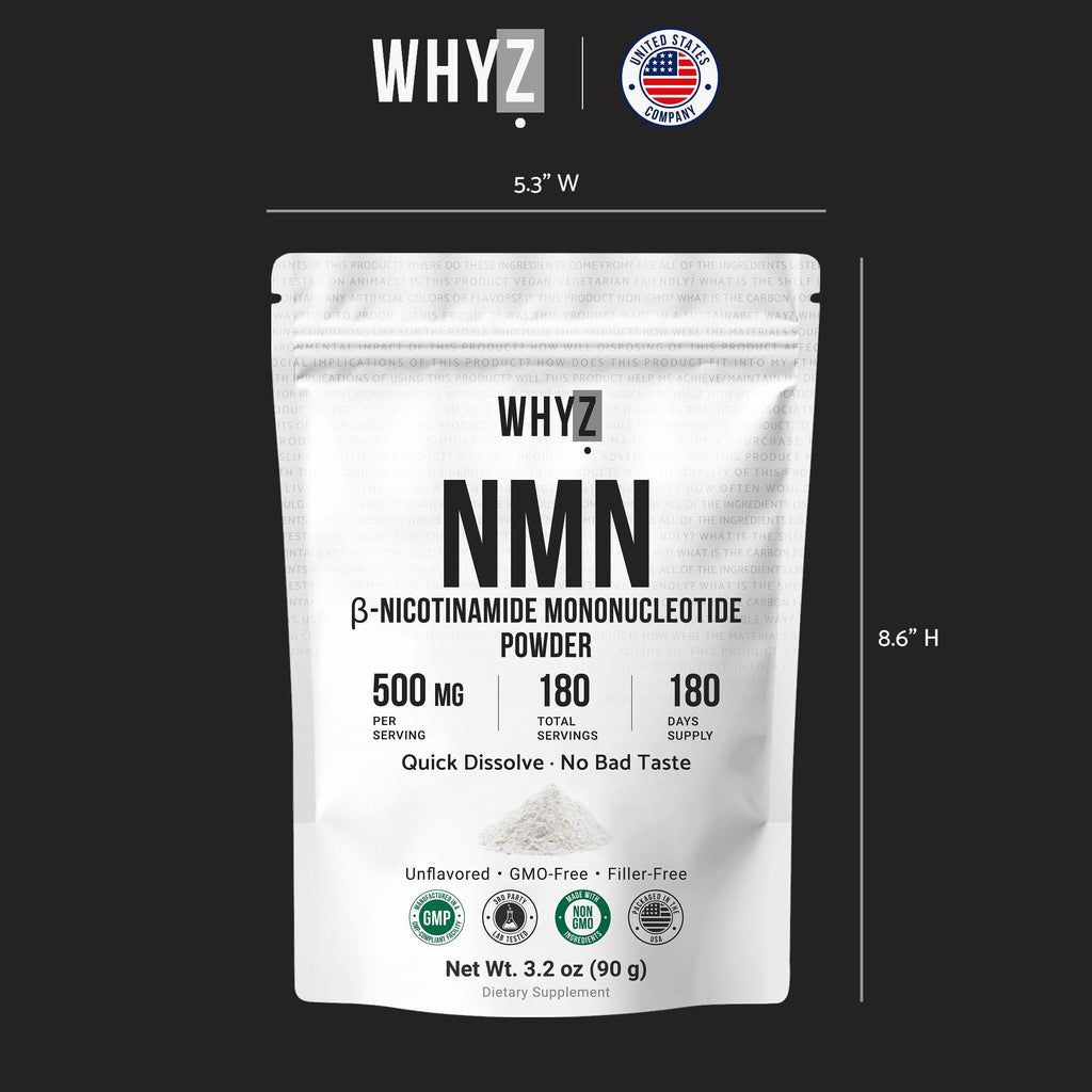 Pure NMN Powder Nicotinamide Mononucleotide Quick Dissolved NMN Supplement Powder 100% Unflavored NMN Supplement Supports NAD+ Levels Vegan Friendly Non-GMO, 180 Servings, 3.2 oz (90g) WHYZ Au supplements