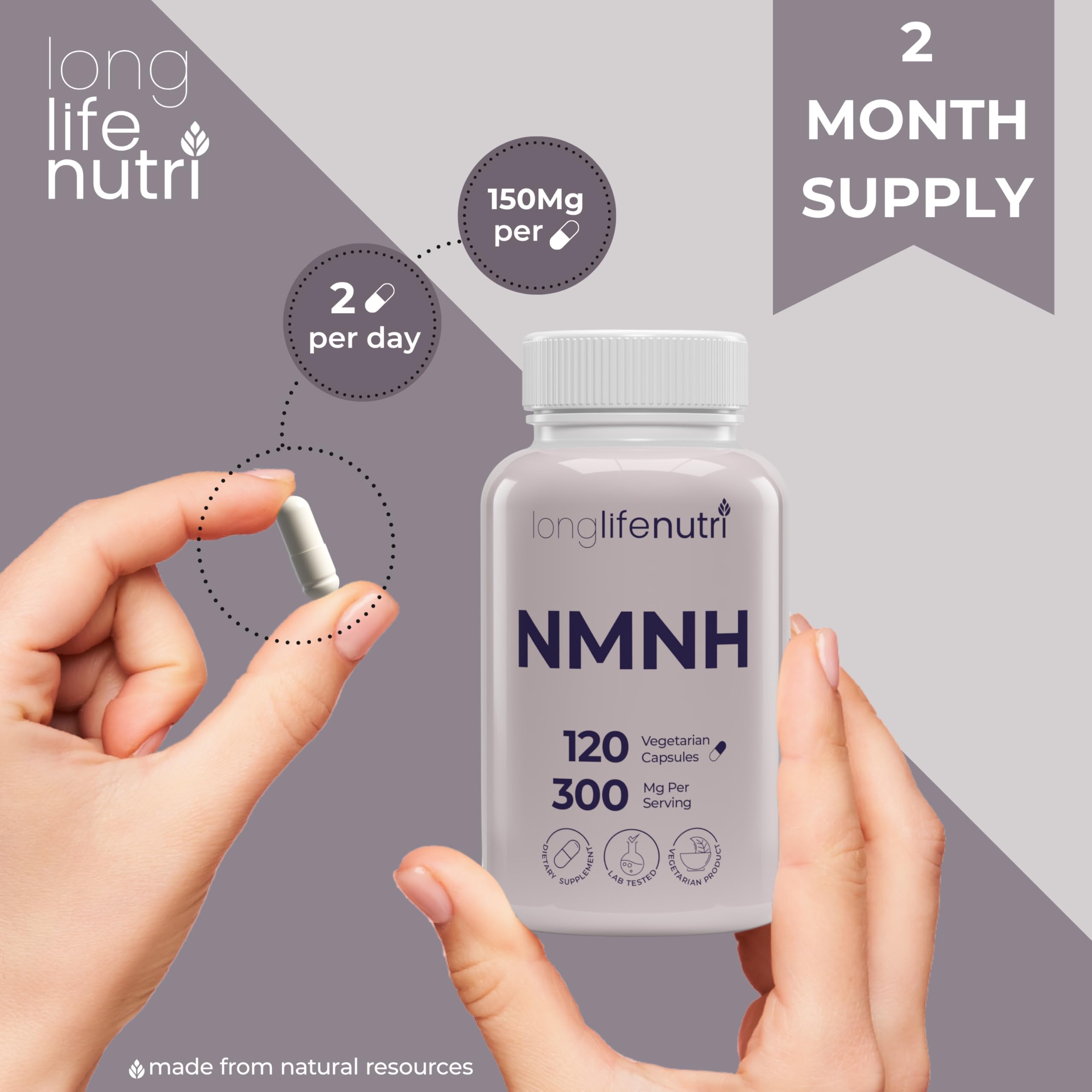 LongLifeNutri NMNH 300mg (Dihydronicotinamide Mononucleotide) - 120 Vegan Capsules, 2-Month Supply, NMN Alternative, NAD Supplement for Energy & Longevity, Lab Tested, Made in USA LongLifeNutri Au supplements