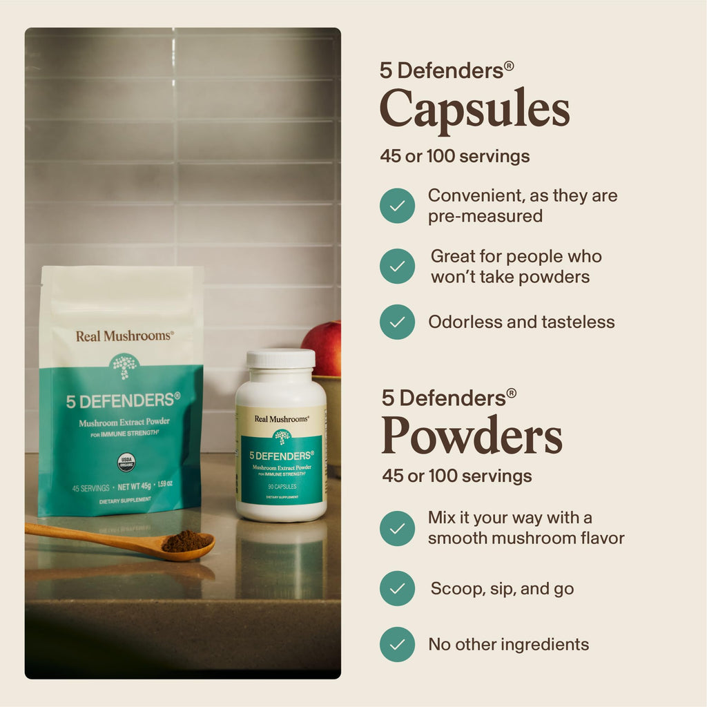 Real Mushrooms 5 Defenders - Adaptogenic Mushrooms Complex with Chaga, Reishi, Turkey Tail, Maitake & Shiitake for Wellness Support