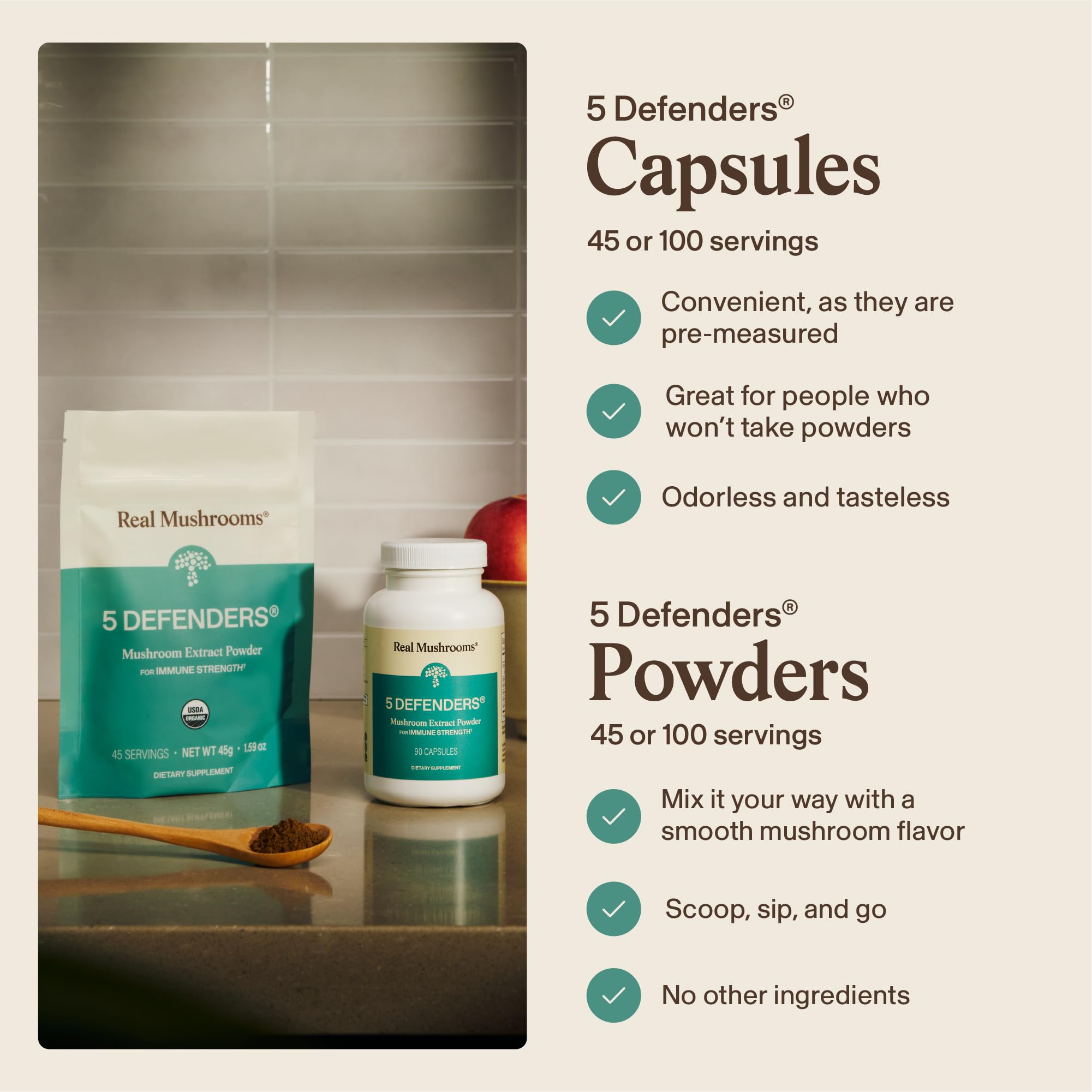 Real Mushrooms 5 Defenders - Adaptogenic Mushrooms Complex with Chaga, Reishi, Turkey Tail, Maitake & Shiitake for Wellness Support