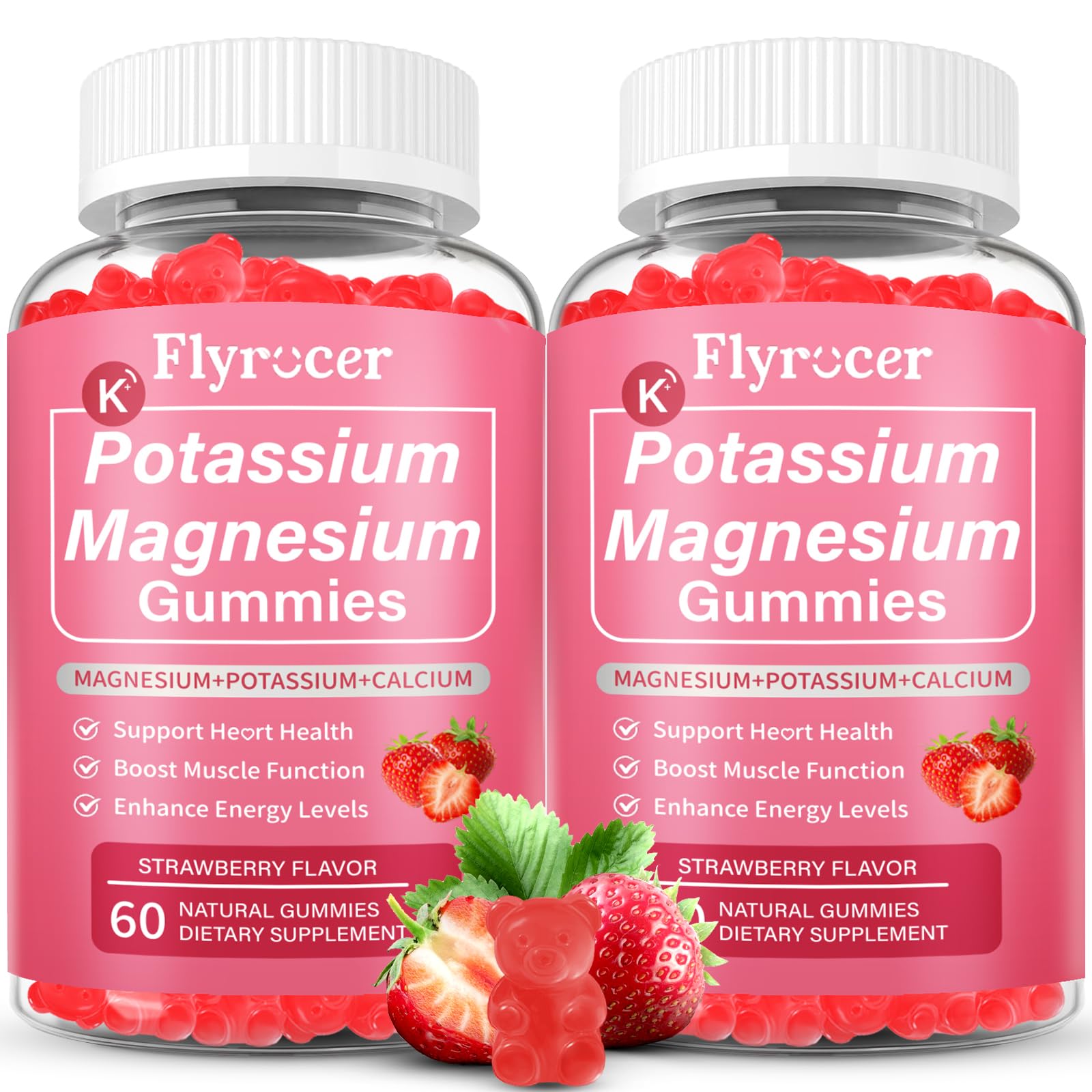 2 Pack Potassium Magnesium Gummies for Men & Women, Potassium Magnesium Supplement for Leg Cramps, Muscle Health, & Electrolyte Balance, Strawberry Flavor, 120 Gummies Flyrocer Au supplements