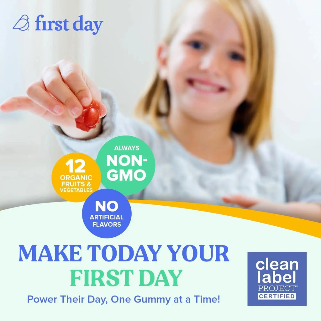 FIRST DAY Toddler Multivitamin Gummies (Ages 2-3)| Kids Multivitamin Gummies with Vitamins A C D3, B2, B12, Choline, Folate and 21 Organic Superfoods| (30 Day Supply) FIRST DAY Au supplements