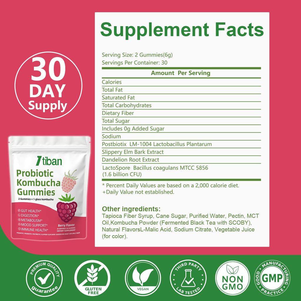 Itiban Probiotic Kombucha Gummy - Prebiotics, Probiotics, Postbiotics, Fiber Supplement, Slippery Elm for Bloating, Gut Health, Women and Men, 60ct Itiban Au supplements