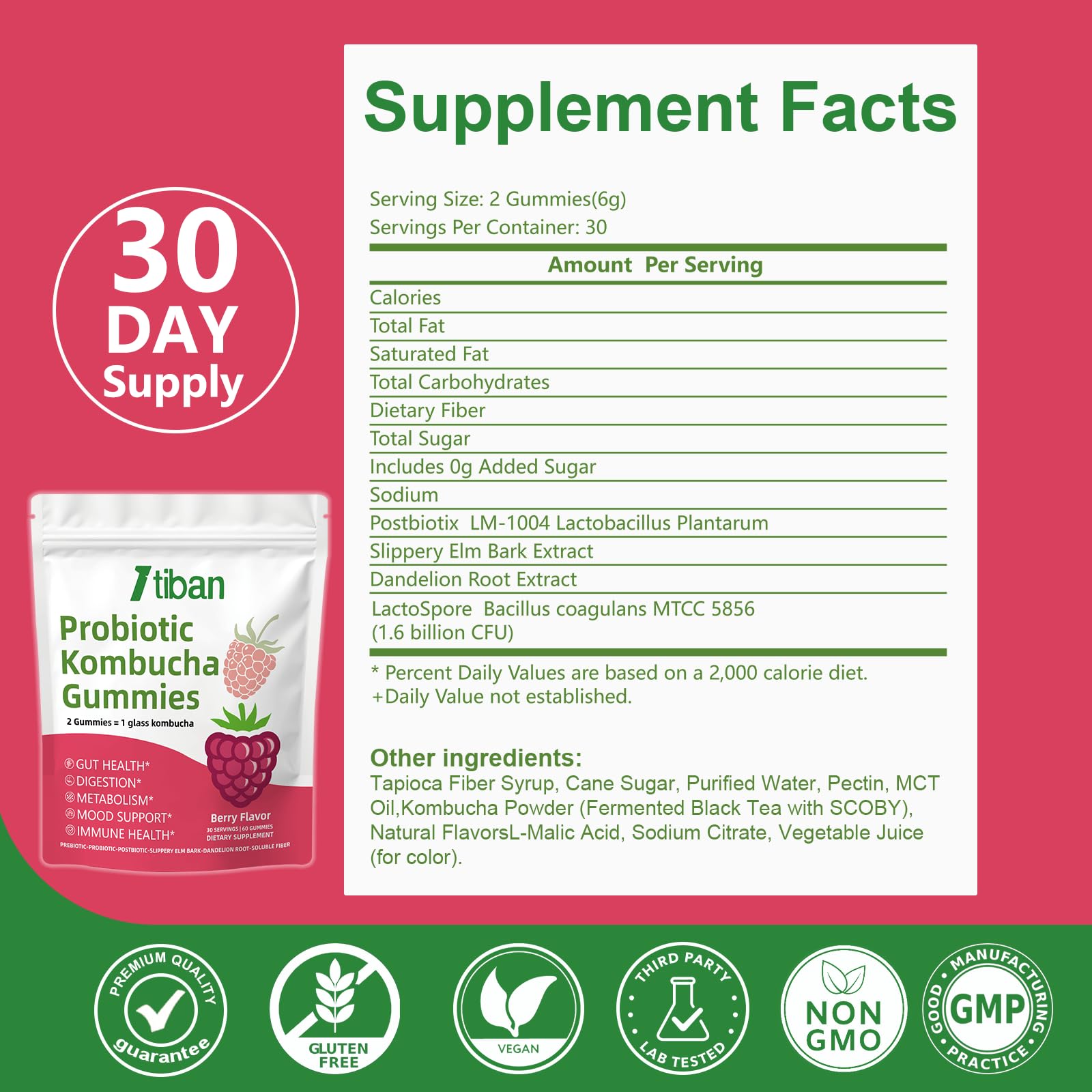 Itiban Probiotic Kombucha Gummy - Prebiotics, Probiotics, Postbiotics, Fiber Supplement, Slippery Elm for Bloating, Gut Health, Women and Men, 60ct Itiban Au supplements