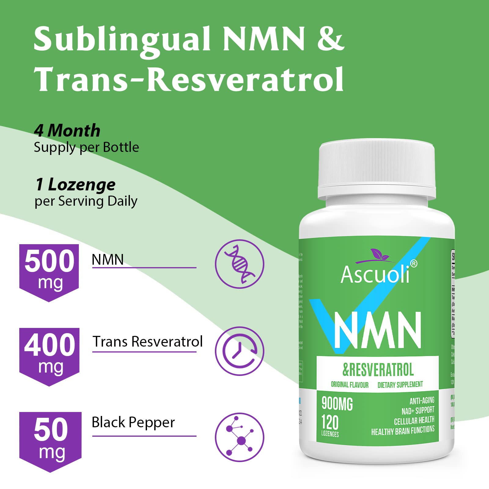 Sublingual NMN 500mg + Trans-Resveratrol 400mg, 3-in-1 Advanced Formula 99% Pure NMN Resveratrol Supplement for Boost* NAD, Cell, Immune, Energy & Muscle, Anti-Aging, 120 Lozenges (120-Day Supply) Ascuoli Au supplements