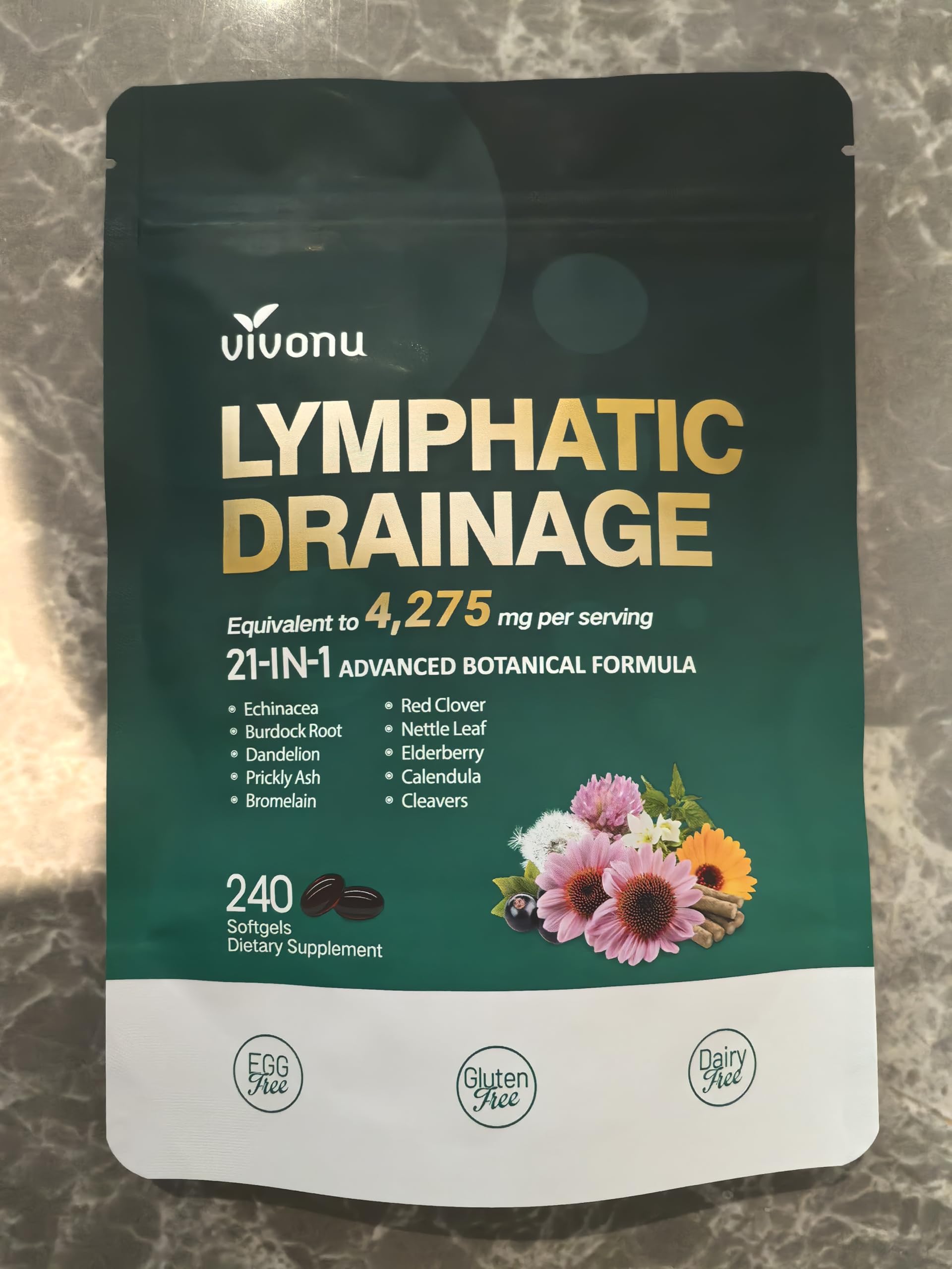 Lymphatic Drainage Supplements, 240 Softgels, Lymph System Support Supplement for Women & Men, 21-in-1 Herbal Blend with Echinacea, Dandelion, Burdock
