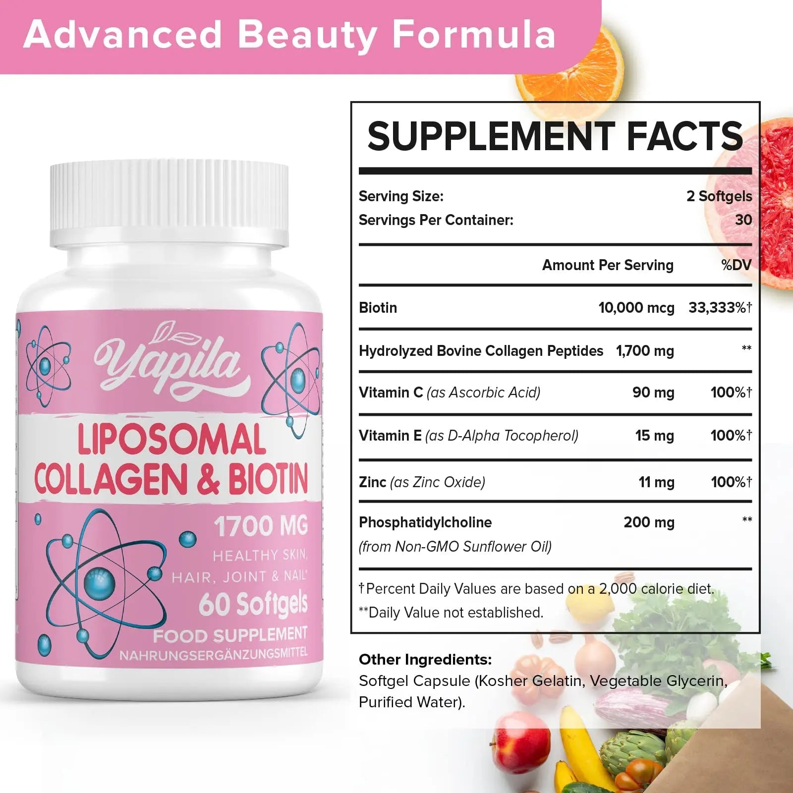 Liposomal Collagen Biotin Capsules, Hydrolyzed Bovine Collagen Peptides 1700 mg, Types 1 & 3 Protein Yapila Au supplements