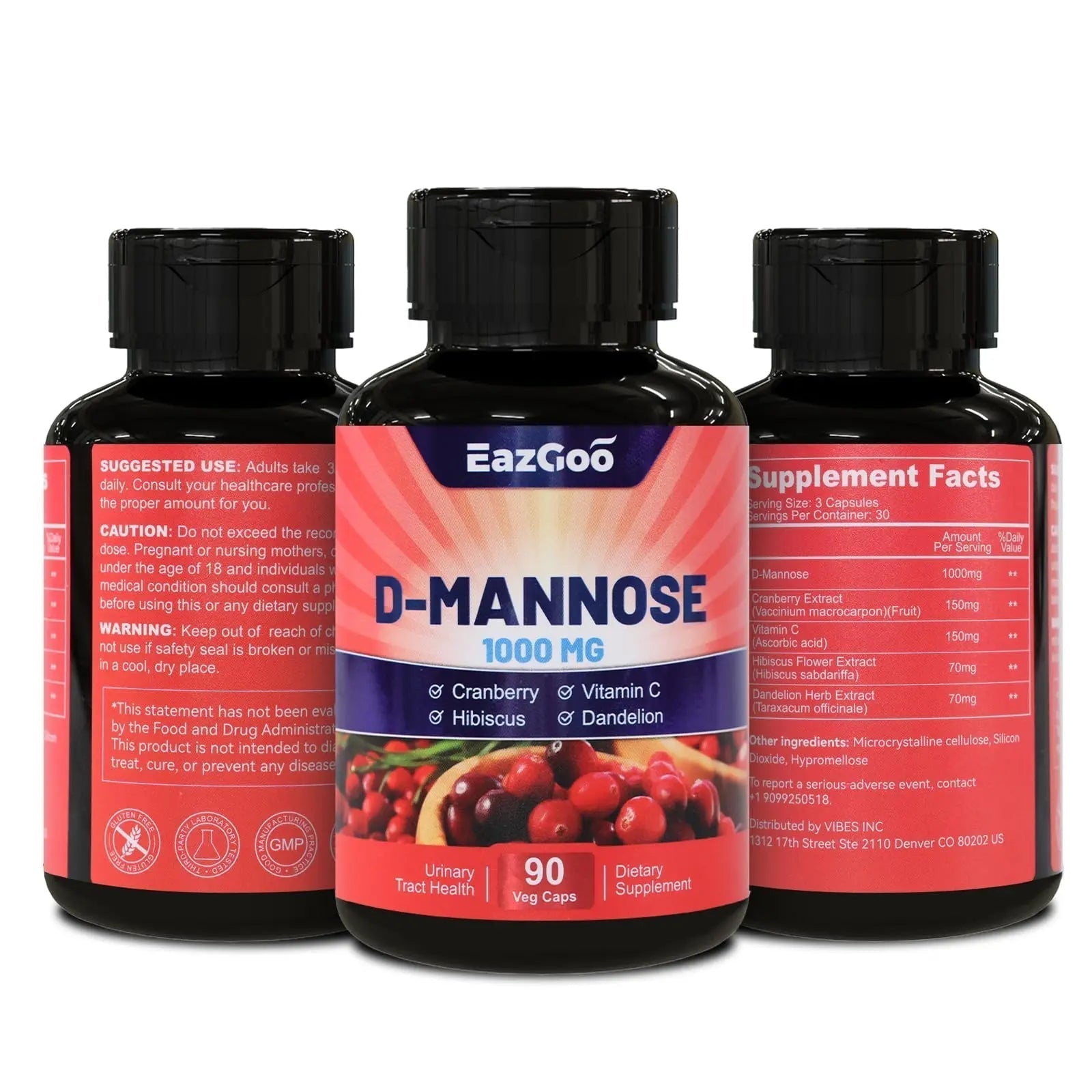 EAZGOO D-Mannose Supplement – 1000mg Capsules with Cranberry, Vitamin C, Hibiscus & Dandelion Extract, Support Urinary Health, D Mannose & Cranberry Capsules, 90 Count(Pack of 2) EAZGOO Au supplements