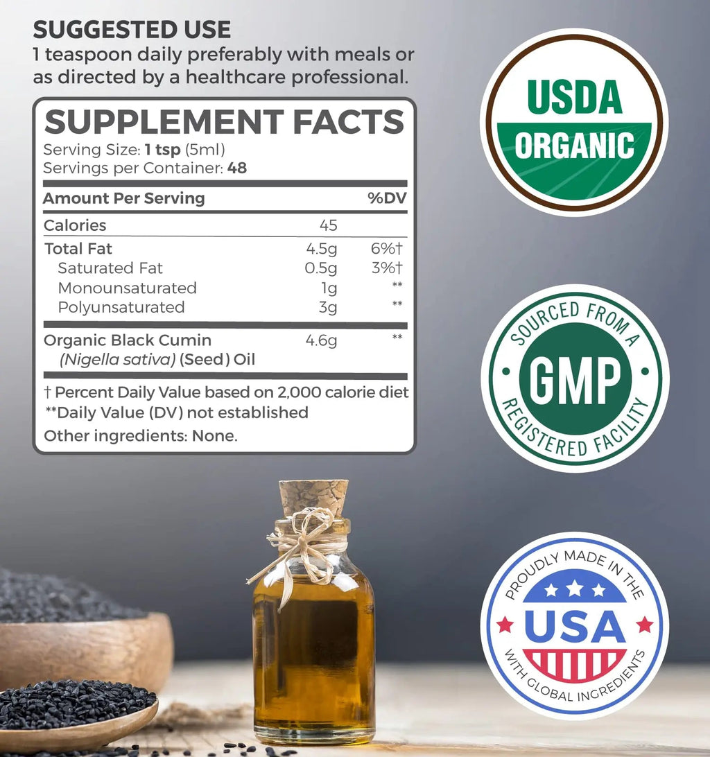 USDA Organic Black Cumin Seed Oil Liquid (8 fl oz) Premium Cold-Pressed Nigella Sativa Healths Harmony Au supplements