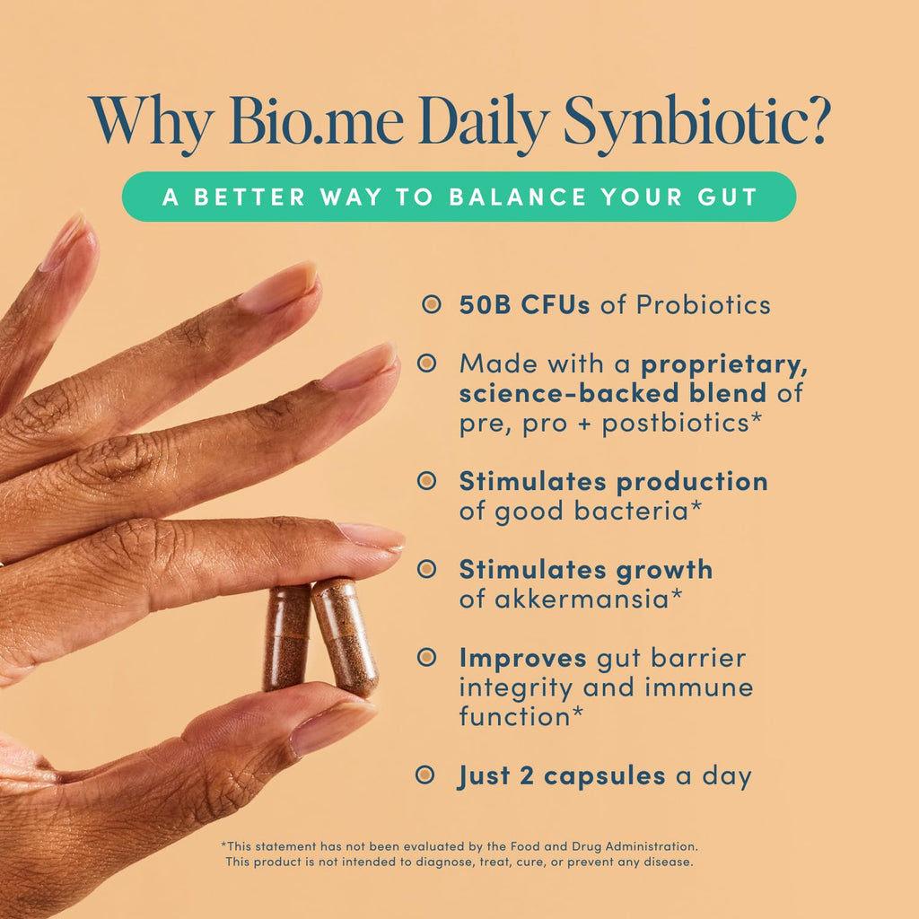 Synbiotic 3-in-1 Prebiotics, Probiotics & Postbiotics for Digestive Health, Gut Health, Immune Support & Bloating Relief for Men & Women - 50 Billion CFU Per Serving - Vegan, 60 Capsules (30 Servings) Bio.me Au supplements