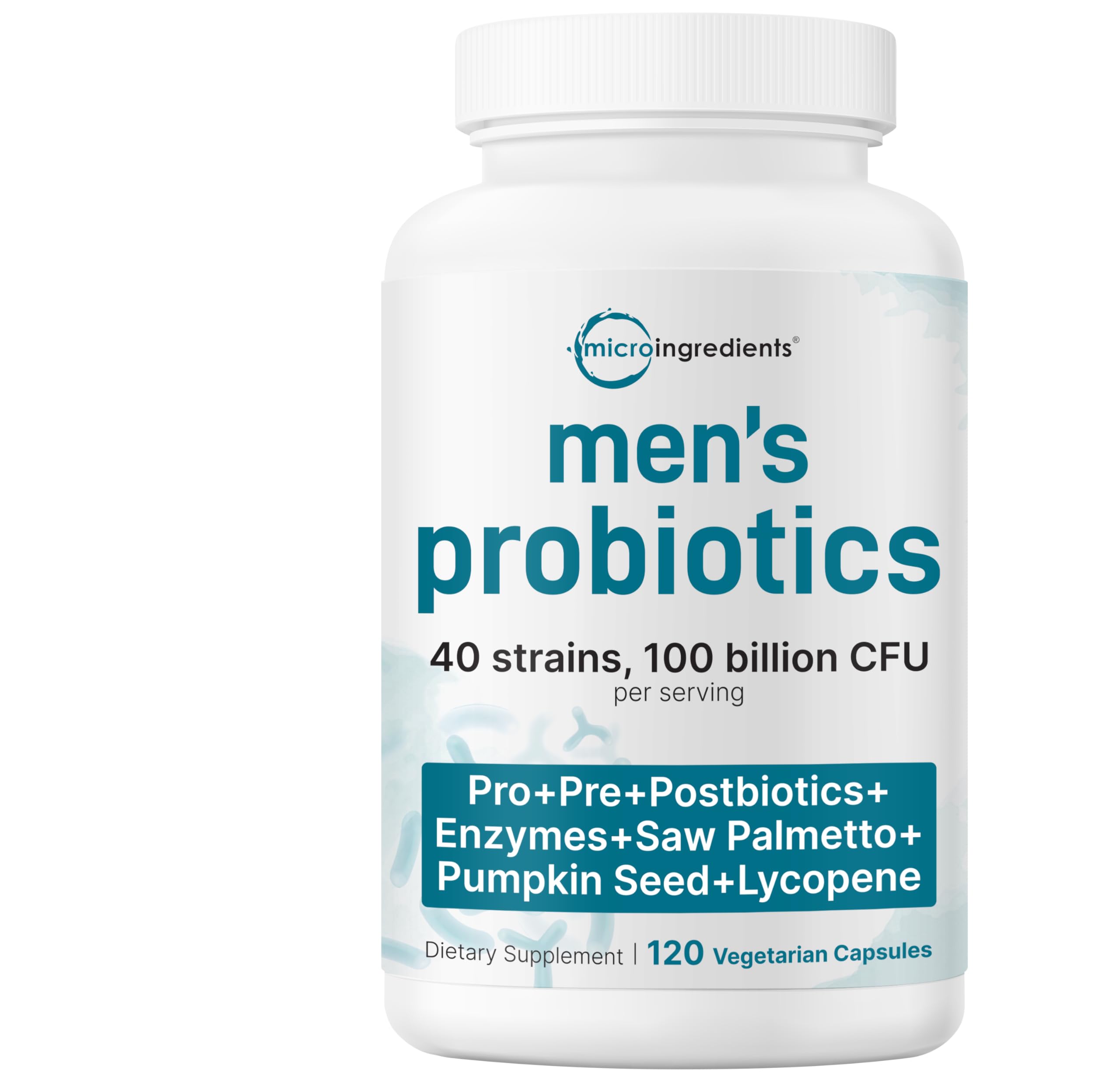 Micro Ingredients Probiotics for Men 100 Billion CFU, 40 Strains, 120 Vegetarian Capsules | Pre, Probiotics, Postbiotics & Enzymes | Pre, Probiotics, Enzymes, Saw Palmetto, Pumpkin Seed & Lycopene