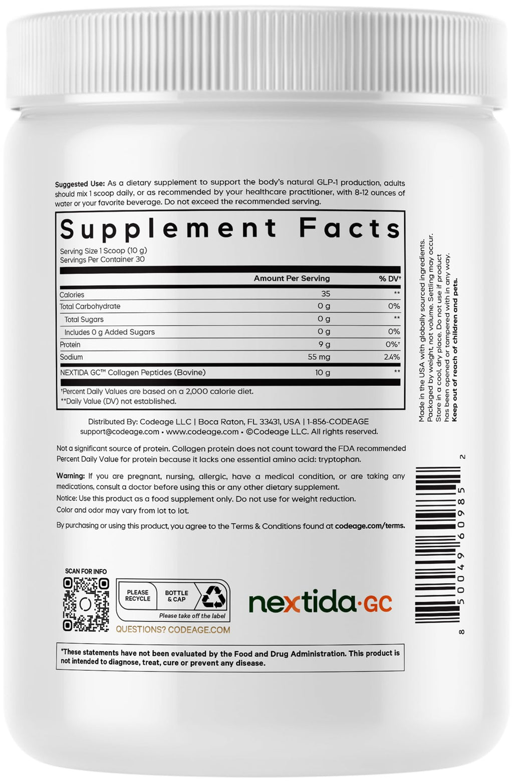 Codeage GLP-1 Collagen Powder Supplement - Nextida GC Collagen Peptides - GLP 1 Support - Hydrolyzed, Grass-Fed, Type I & III, Unflavored - Non-GMO, Gluten-Free, Dairy-Free - 10.58 Oz Codeage Au supplements