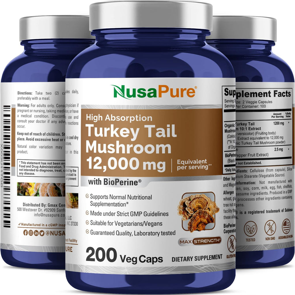 NusaPure Turkey Tail Mushroom Capsules, 10:1 Extract, 1200 mg Equivalent to 12,000mg, 200 Vcaps, Non-GMO, Gluten Free, Bioperine NusaPure Au supplements