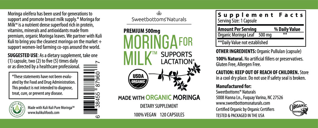 Lactation Supplement - Organic Moringa Capsules for Breastfeeding Support to Increase Breastmilk Supply (120 ct) Pure Malunggay Leaf Powder for Milk Production Booster