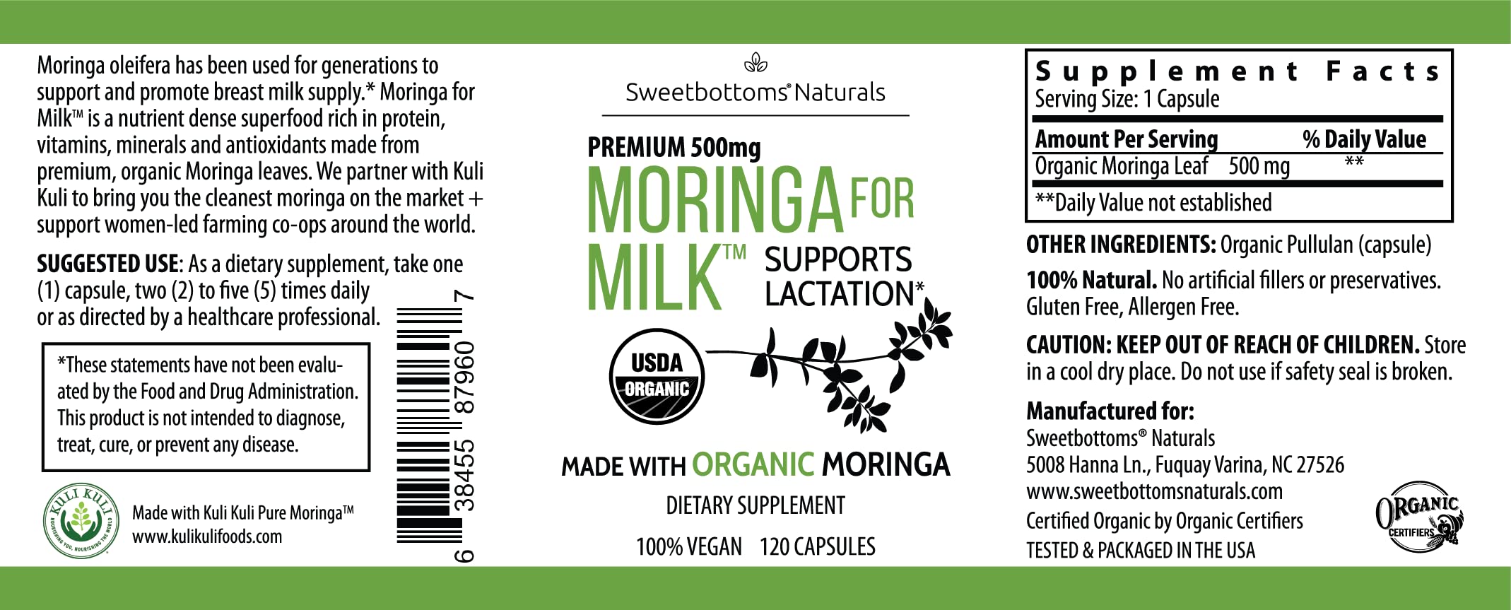 Lactation Supplement - Organic Moringa Capsules for Breastfeeding Support to Increase Breastmilk Supply (120 ct) Pure Malunggay Leaf Powder for Milk Production Booster