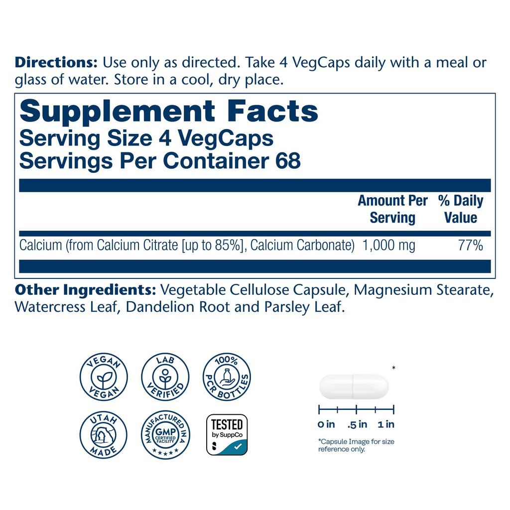Solaray Calcium Citrate 1000mg - Chelated Calcium Supplement - Supports Bone Strength and Healthy Teeth - Easy to Digest