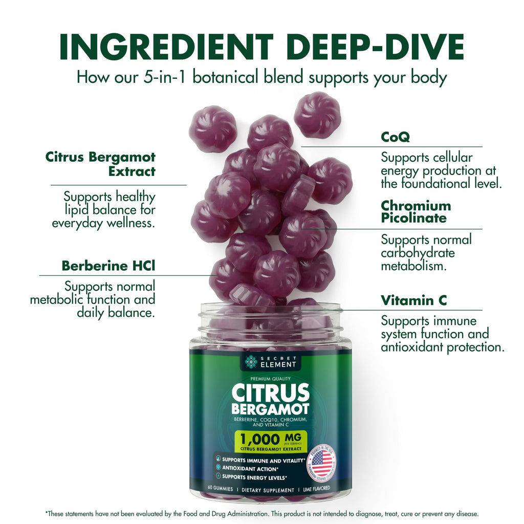 Citrus Bergamot 1000MG Gummies for Women and Men, Citrus Bergamot Extract with Berberine, CoQ10, Chromium & Vitamin C, Metabolic & Antioxidant Support,