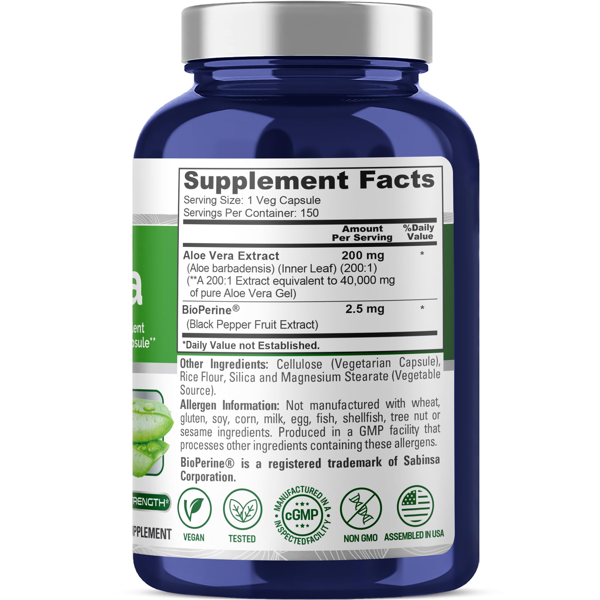 NusaPure Aloe Vera 40,000mg Per Veggie Caps - 150 Count - Aloe Vera Gel Supplement - Extract 200:1, Vegetarian, Non-GMO, Bioperine NusaPure Au supplements