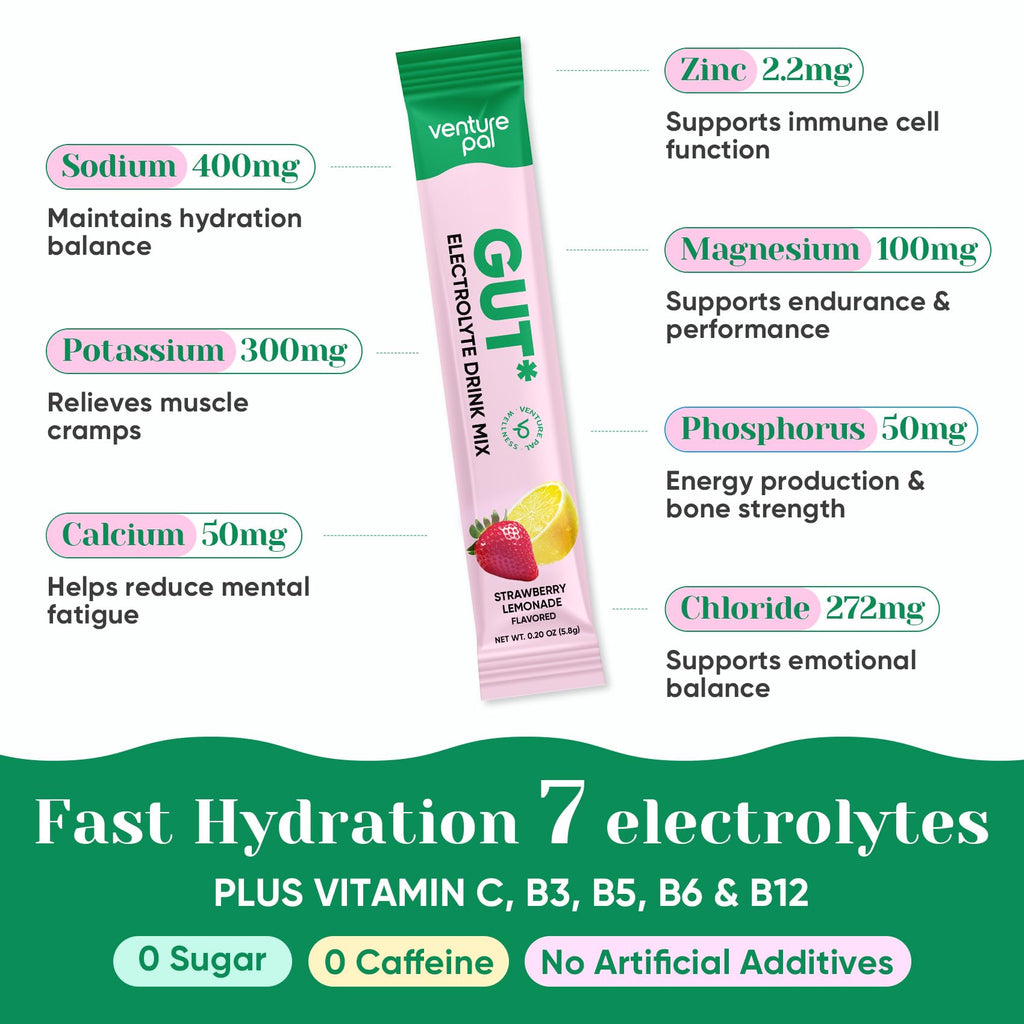 Venture Pal 2-in-1 Hydration Packets + Gut Health Electrolytes Powder - 7 Electrolytes & 5 Vitamins, Probiotics