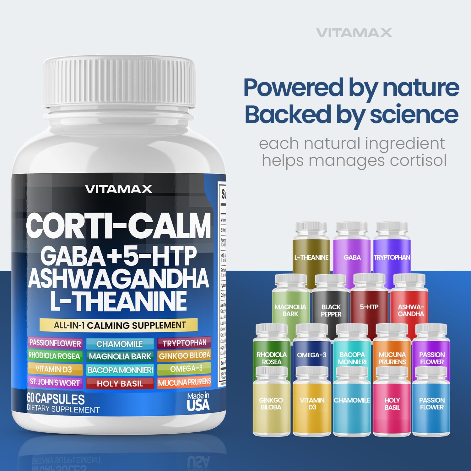 Corti-Calm Cortisol Supplement, L Theanine, Ashwagandha, Vitamin D 3, GABA for Relaxation, Fatigue & Focus with Ginkgo Biloba, Bacopa Monnieri, 5-HTP – Non-GMO, Made in USA – 60ct Vitamax Au supplements